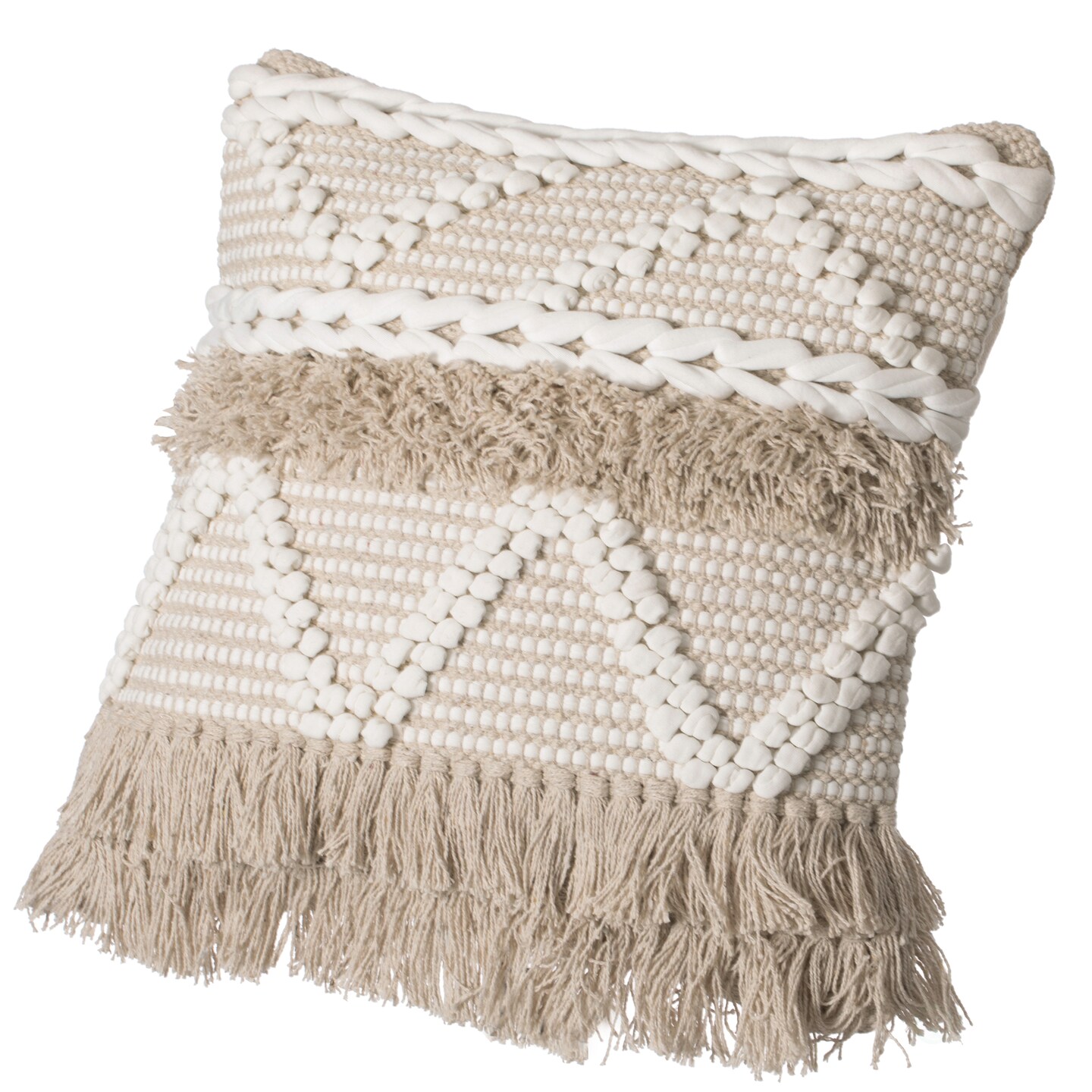 16&#x22; Handwoven Cotton Throw Pillow Cover with White Dot Pattern and Natural Tassel Fringe Lines