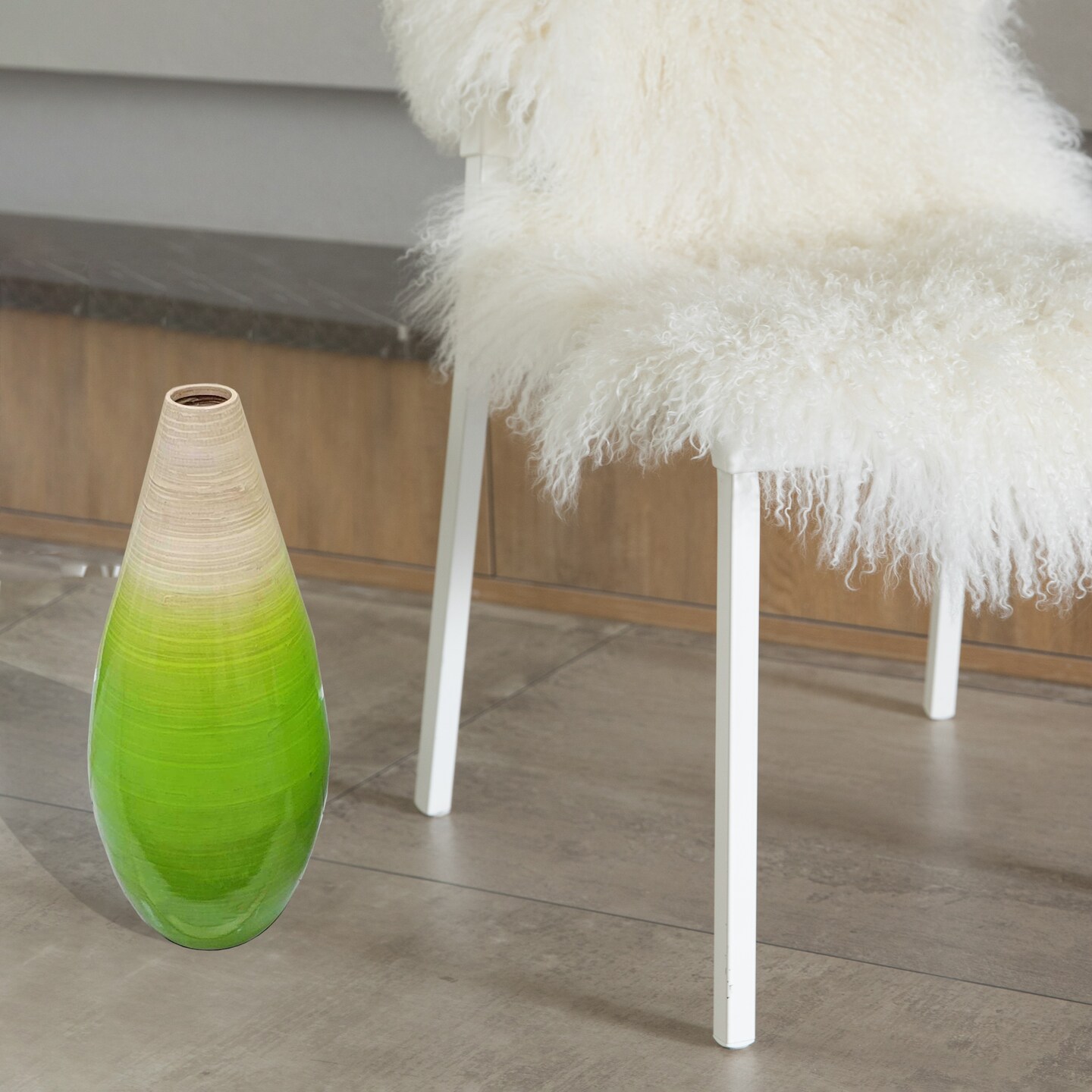 Contemporary Bamboo Floor Flower Vase Tear Drop Design for Dining, Living Room, Entryway Decoration Fill It with Dried Branches or Flowers, Green