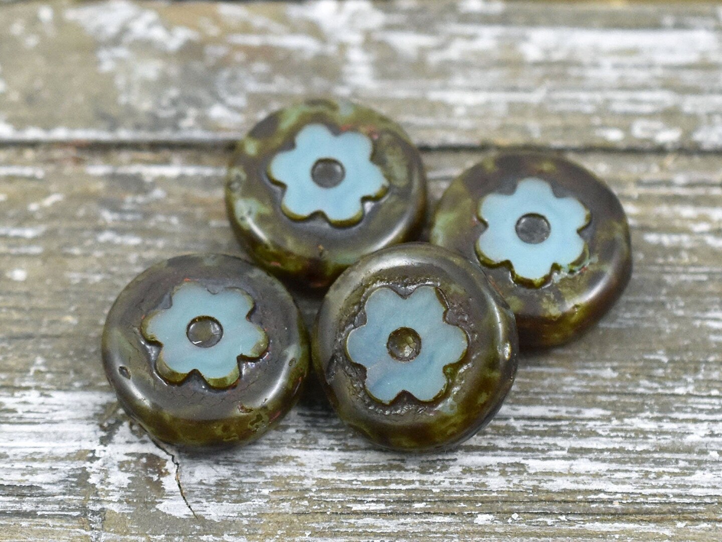 *4* 14mm Milky Aqua Picasso Flower Coin Beads