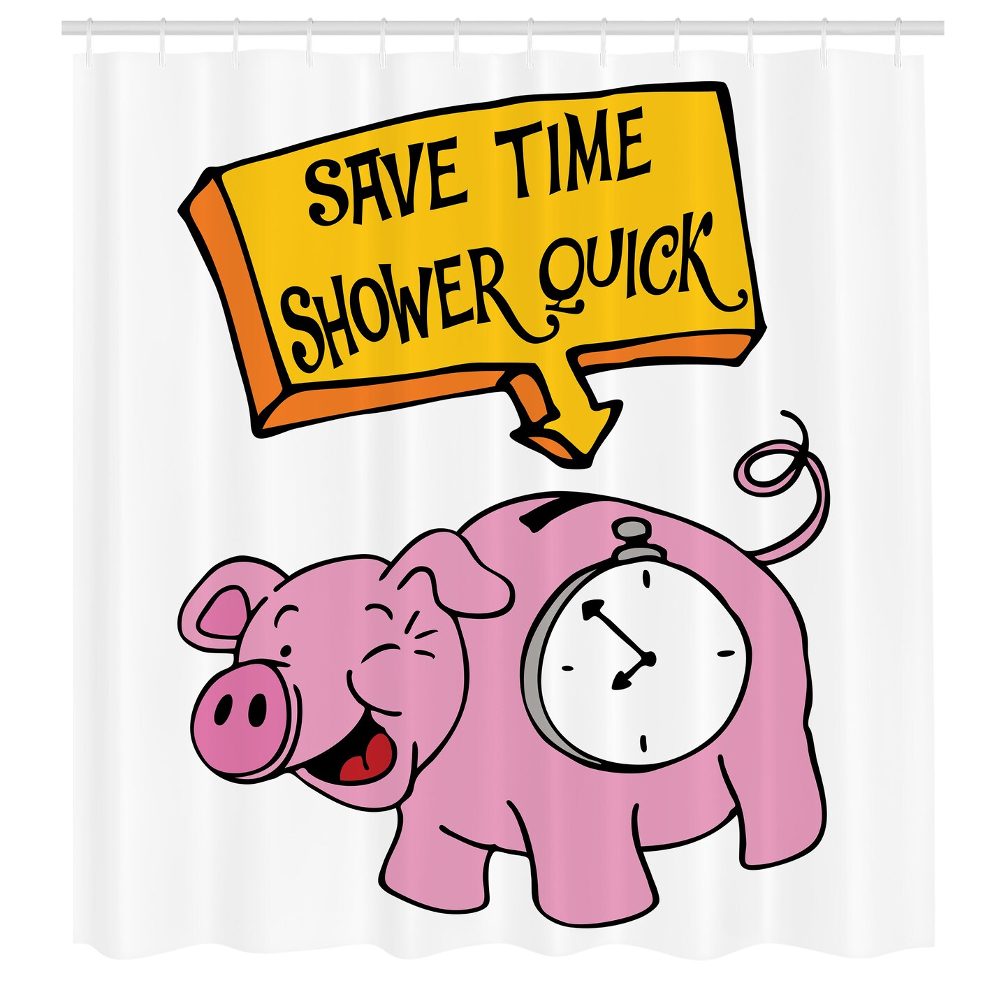 Ambesonne Funny Shower Curtain, Piggy Bank Ticking Clock Save Time Quick Lettering Morning Routine Fun Theme, Cloth Fabric Bathroom Decor Set with Hooks, 69" W x 70" L, Pink and Yellow