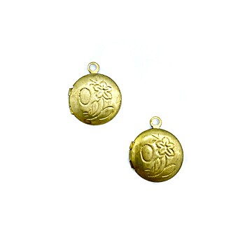 Vintage Raw Brass Circle Locket With Floral Design ~ 13mm X 16mm (4x) (V245)