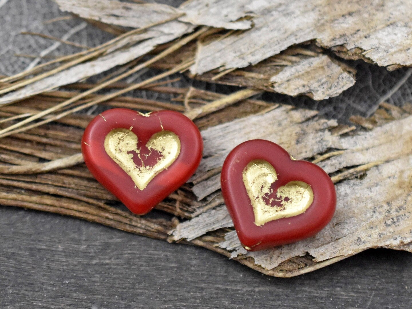 *6* 14x12mm Golden Bronze Washed Matte Opaque Red Heart Beads