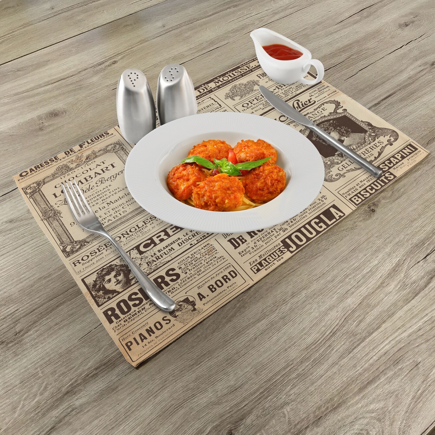 Ambesonne Paris Place Mats Set of 4, Vintage Old Historic Newspaper Journal French Paper Lettering Art Design, Washable Fabric Placemats for Dining Table, Standard Size, Army Green and Beige
