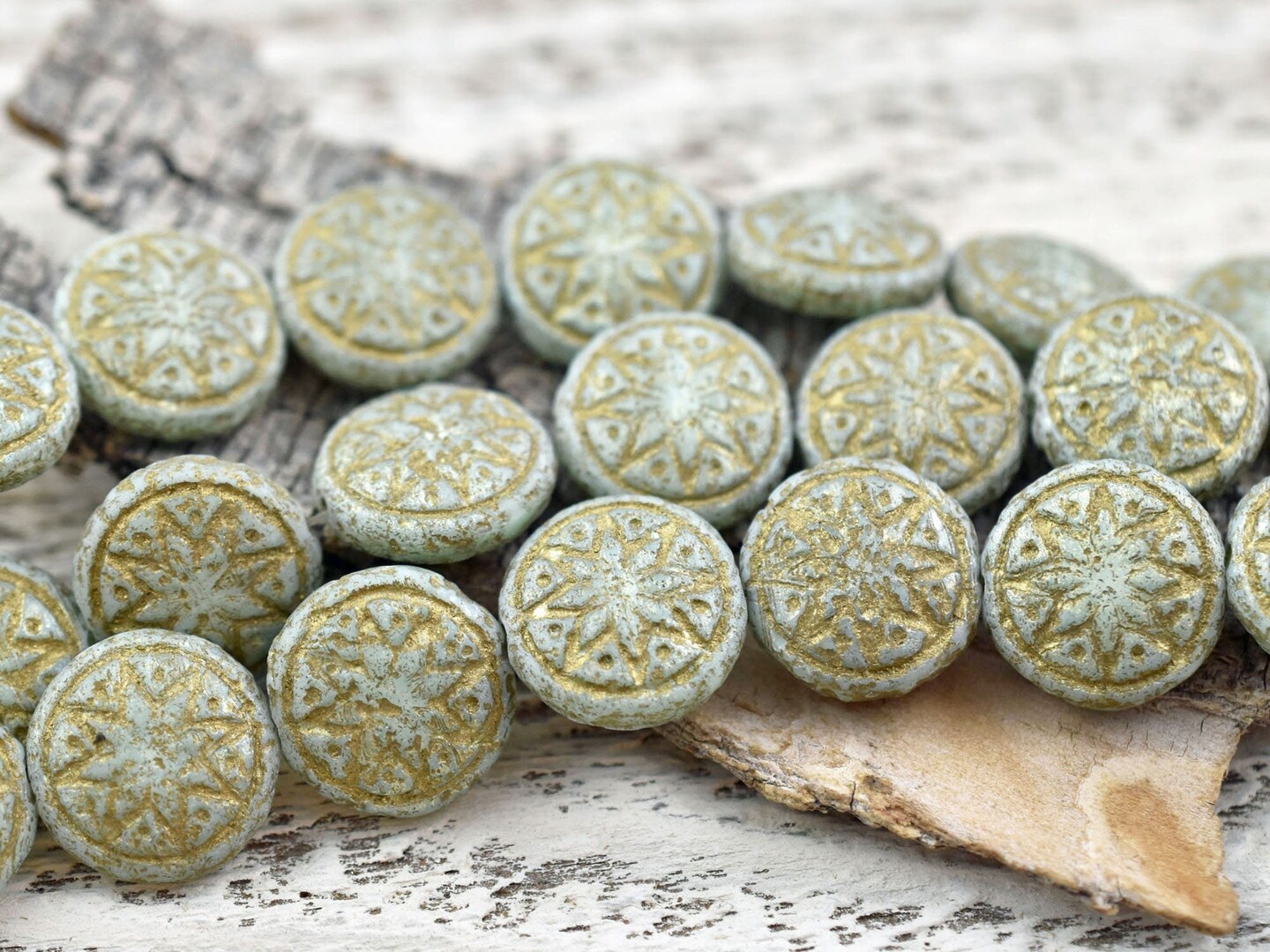 *4* 13mm Gold Washed Etched Mint Green Ishtar Coin Beads