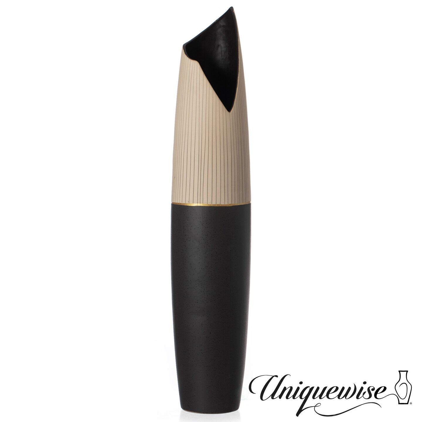 Freestanding Ceramic Floor Vase - Handcrafted Beige Polka Dot Striped Top and Black Bottom, Large Waterproof Vase for Tall Floral Arrangements, Unique Shaped Flower Holder