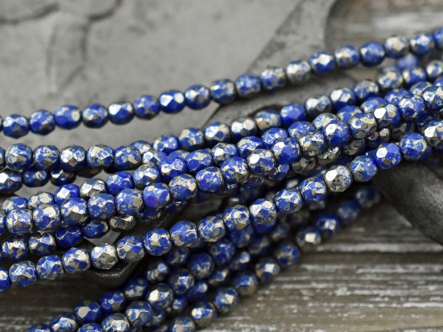 *50* 4mm Opaque Cobalt Silver Picasso Fire Polished Round Beads