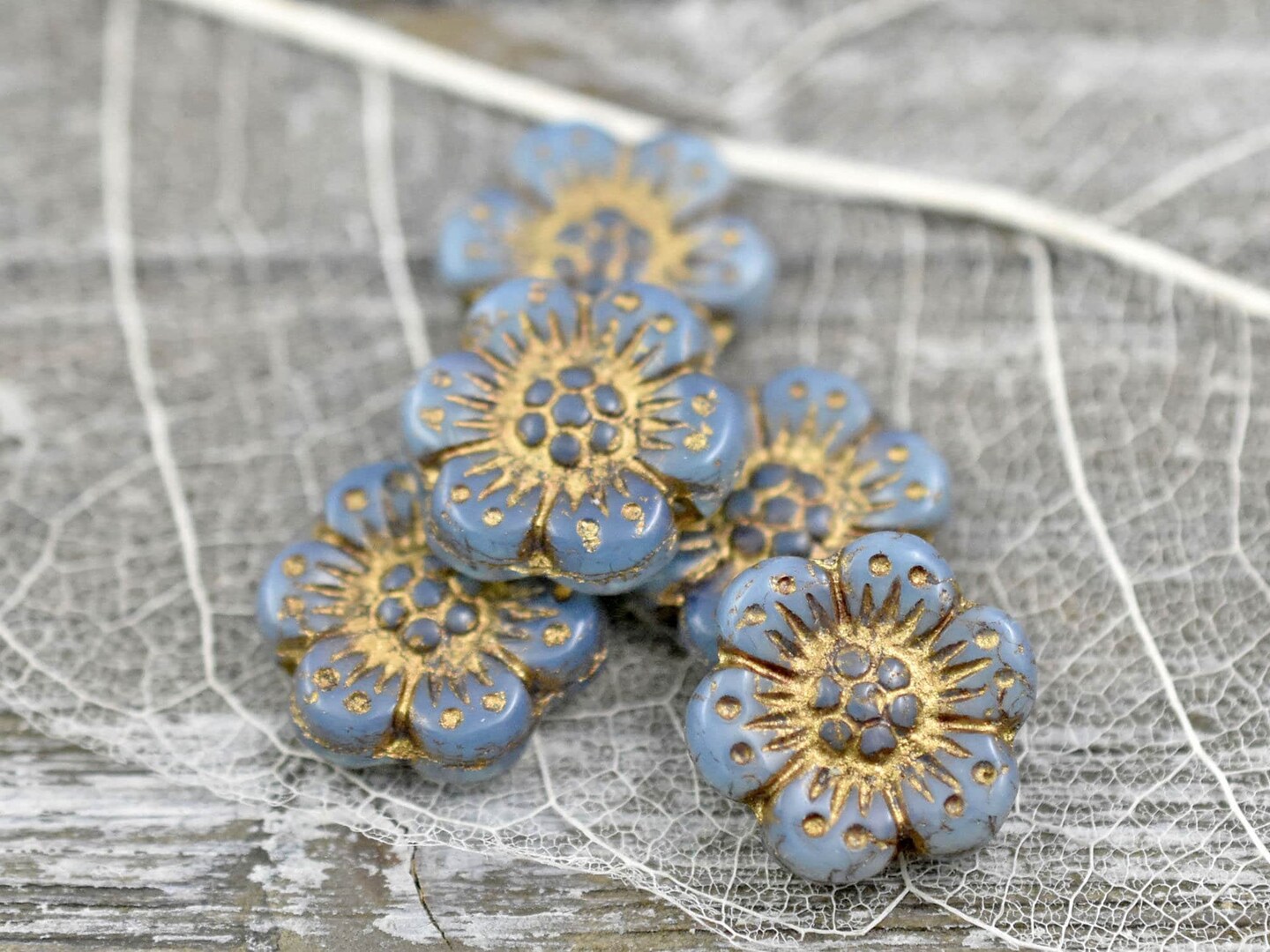 *6* 14mm Bronze Washed Blue Aqua Opaline Wildflower Beads