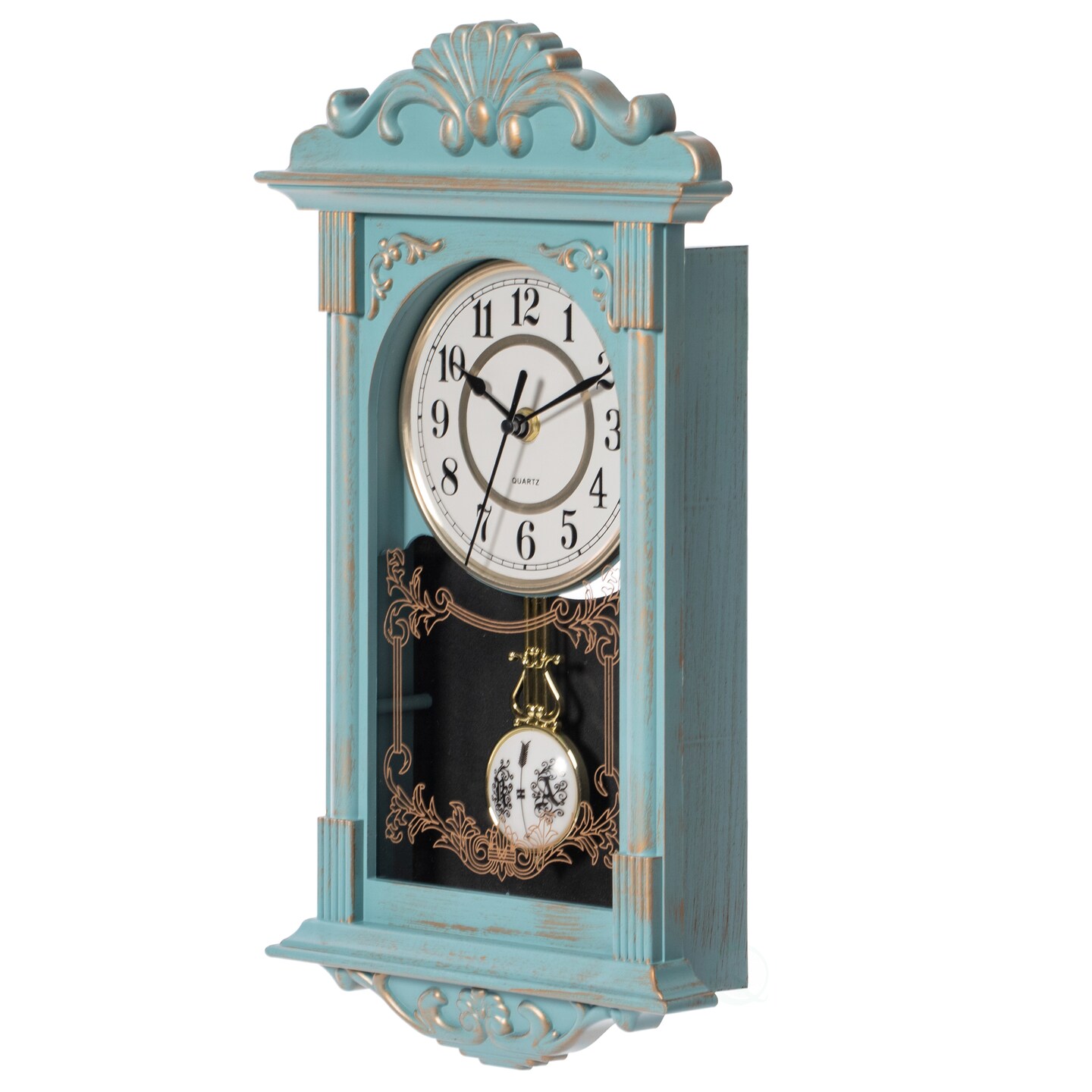 Clockswise Vintage Grandfather Wood-Looking Plastic Pendulum Decorative Battery Operated Wall Clock Brown, for Office, Home Decor, Living Room, Kitchen, or Dining Room