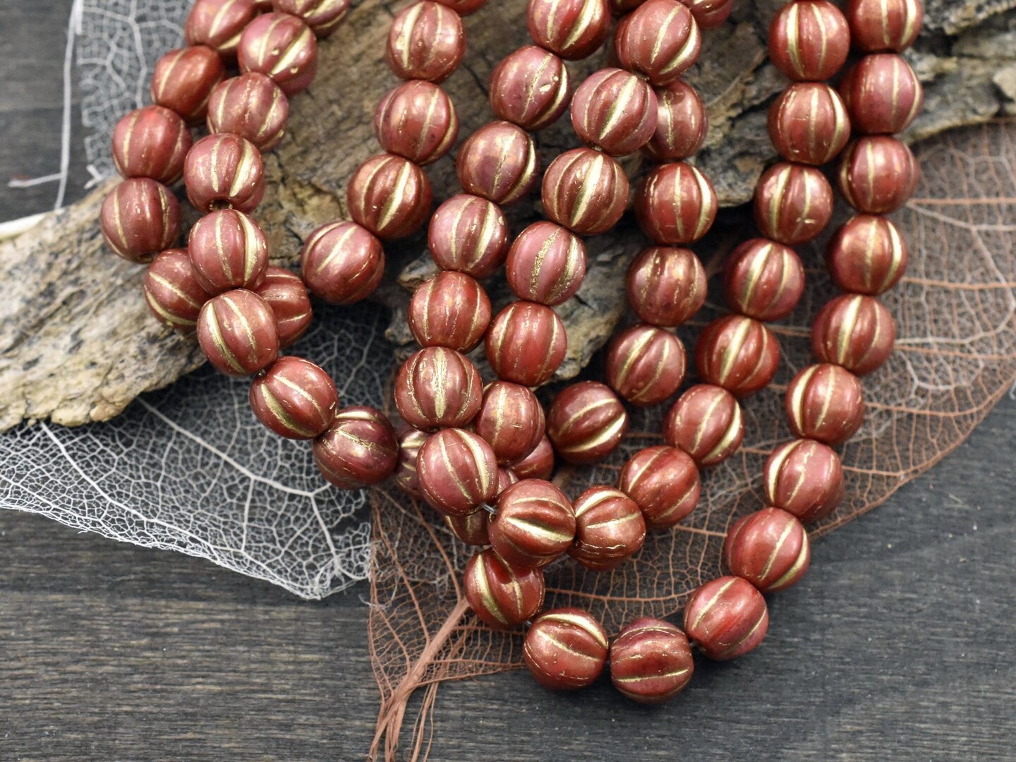 *25* 6mm Gold Washed Opaque Brick Red Round Melon Beads