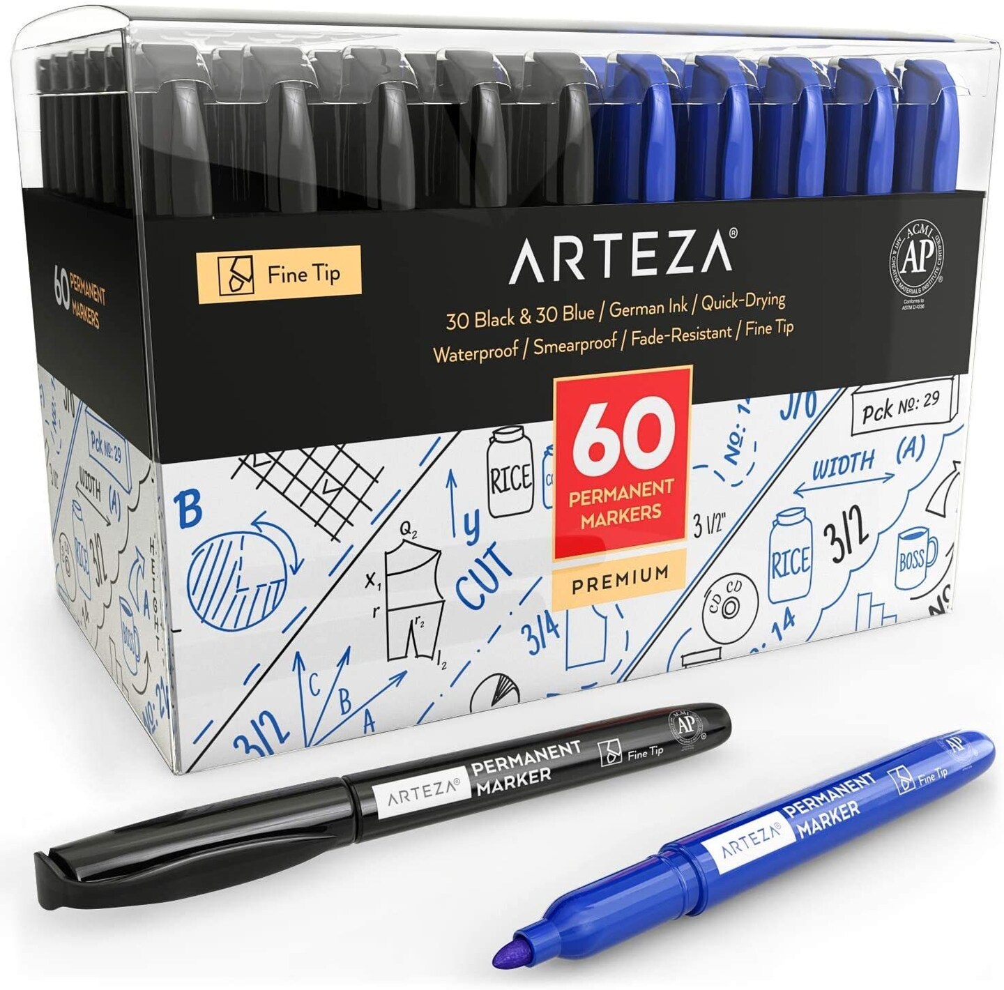 Arteza Permanent Marker, Black &#x26; Blue, Fine Tip, Waterproof - 60 Pack