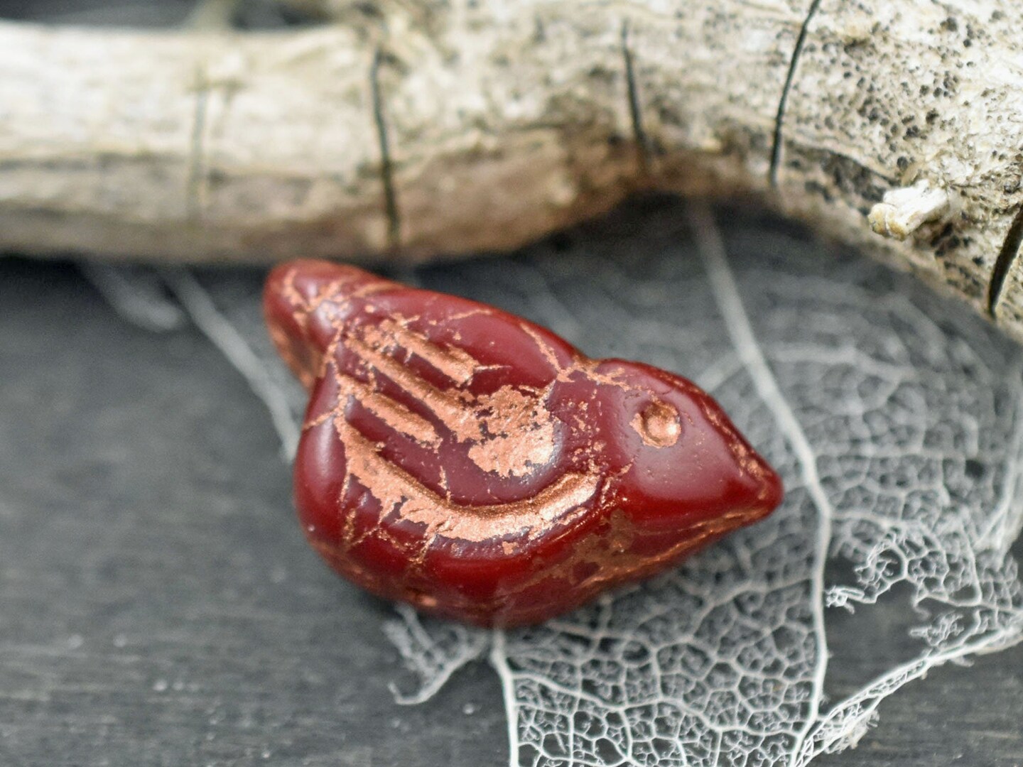 *6* 11x22mm Copper Washed Ruby Red Bird Beads