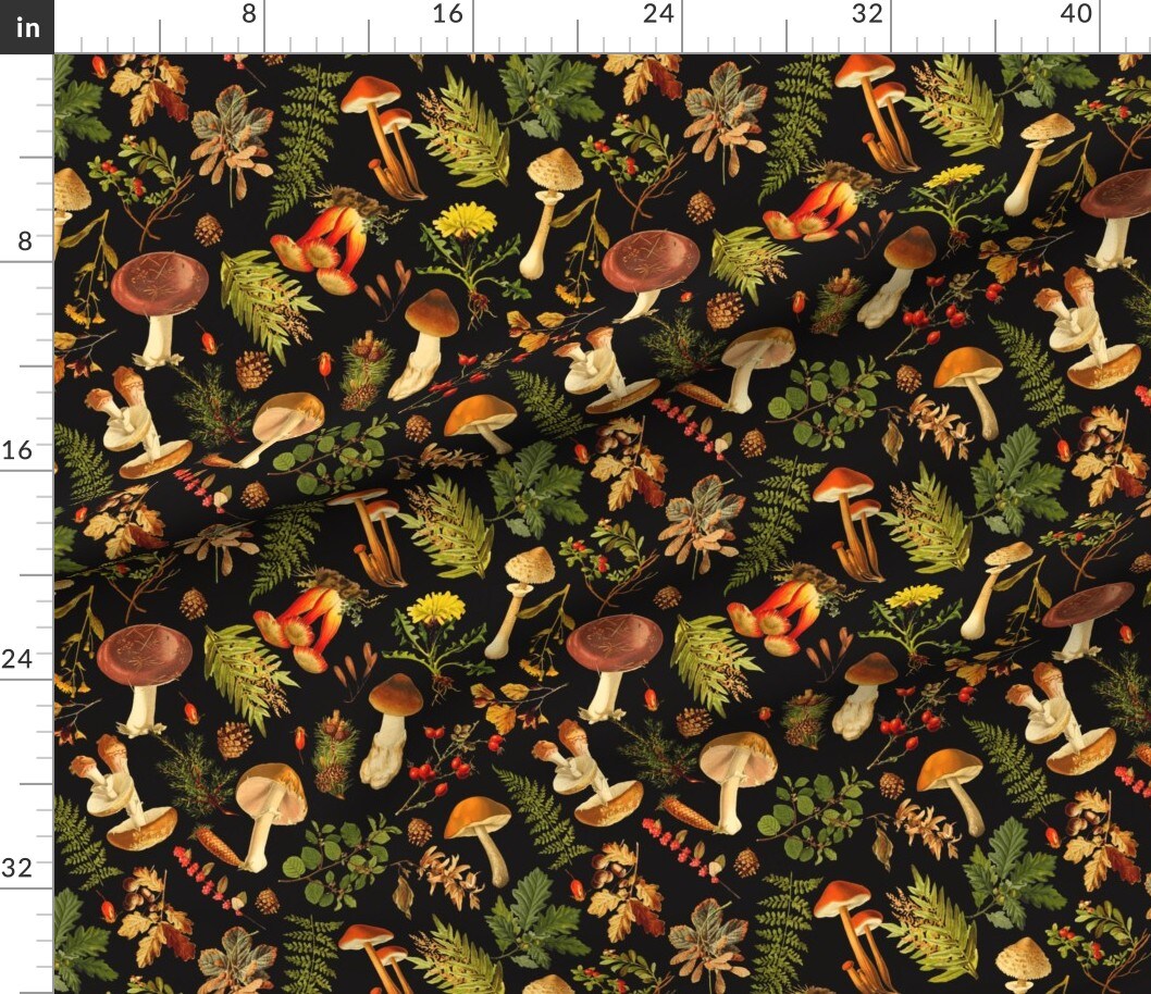 Petal Signature Cotton by the Yard or Fat Quarter Thanksgiving Forest Black Antique Mushroom Mushrooms Farmhouse Autumn Custom Printed Fabric by Spoonflower