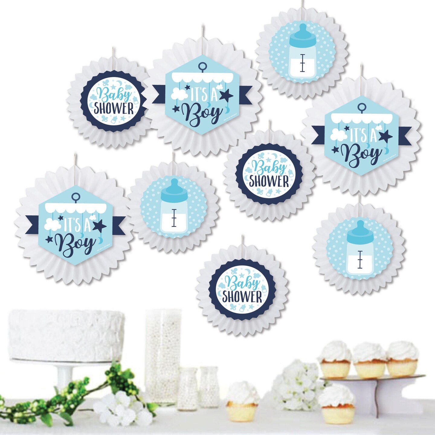 Big Dot of Happiness It&#x27;s a Boy - Hanging Blue Baby Shower Tissue Decoration Kit - Paper Fans - Set of 9