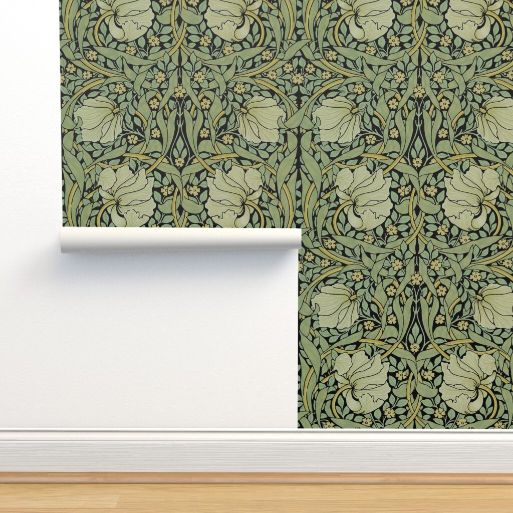 Victorian Floral Vintage Style Morris Inspired Damask Pimpernel Flowers Sage Black Custom Pre-pasted Wallpaper by Spoonflower Pre-Pasted Wallpaper 2FT Wide