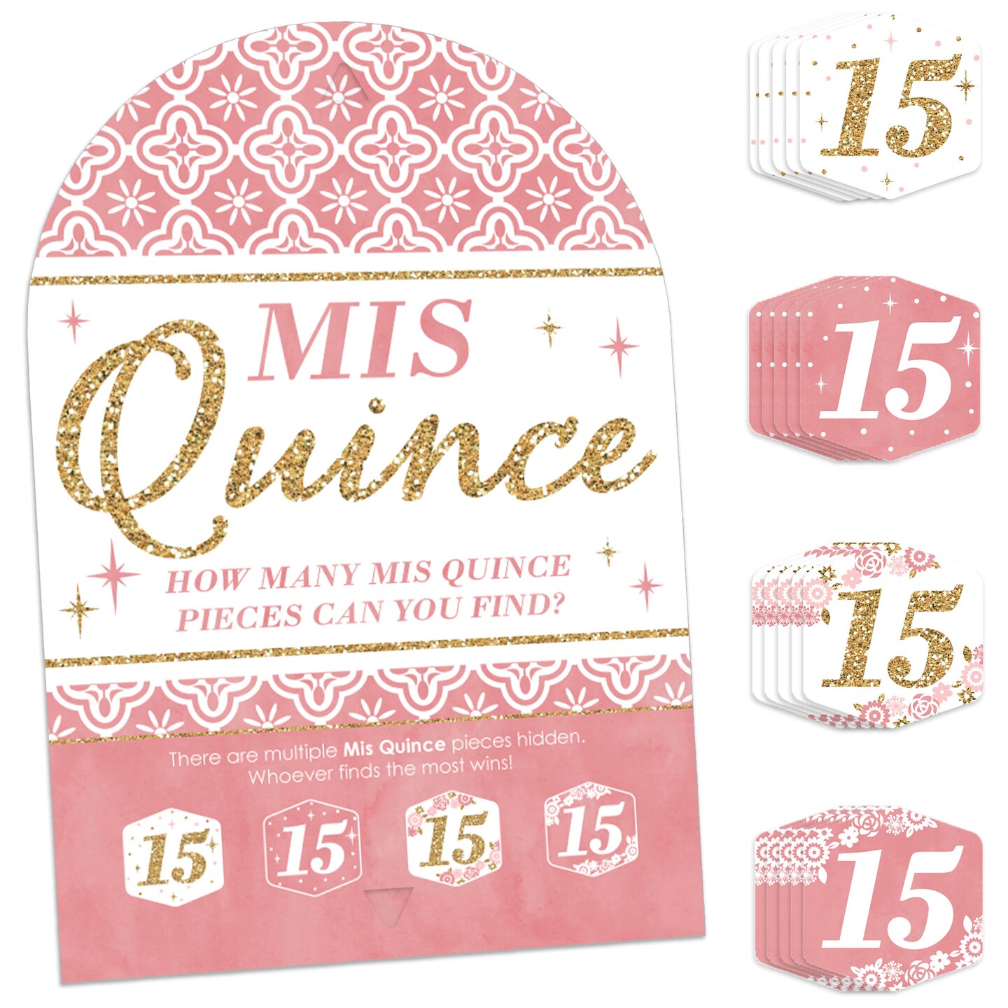 Big Dot of Happiness Mis Quince Anos - Quinceanera Sweet 15 Birthday Party Scavenger Hunt - 1 Stand and 48 Game Pieces - Hide and Find Game