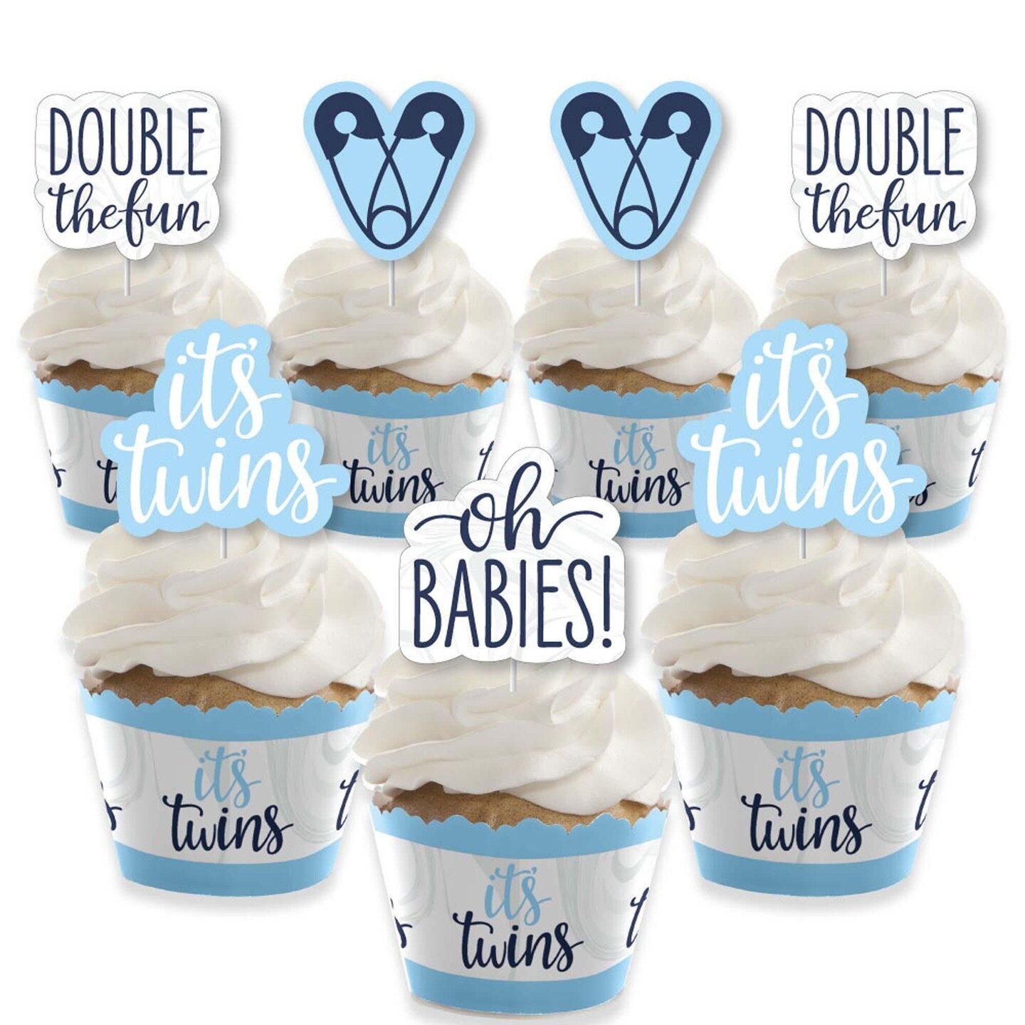 Big Dot of Happiness It's Twin Boys - Cupcake Decoration - Blue Twins Baby Shower Cupcake Wrappers and Treat Picks Kit - Set of 24