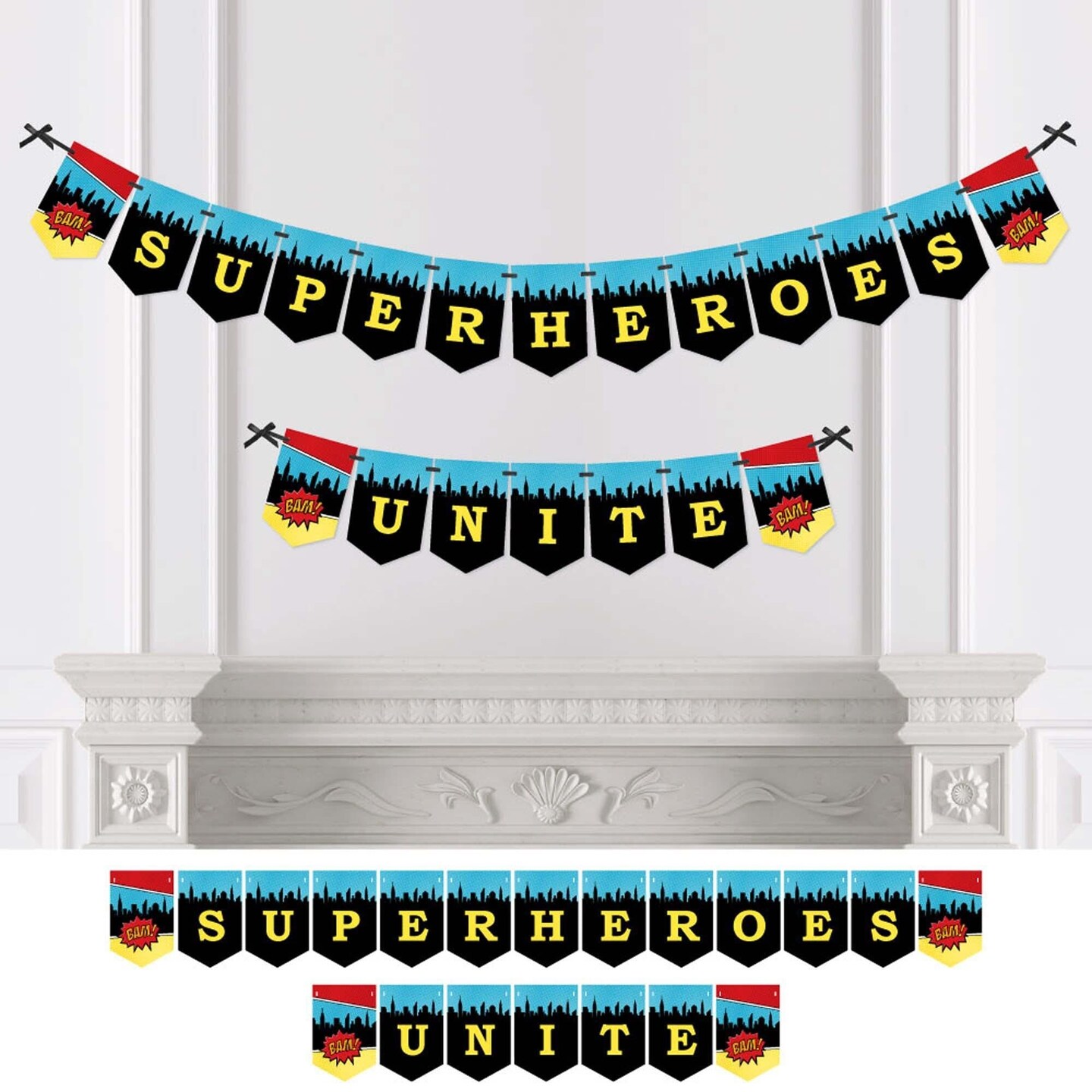Big Dot of Happiness Bam Superhero - Baby Shower or Birthday Party Bunting Banner - Party Decorations - Superheroes Unite
