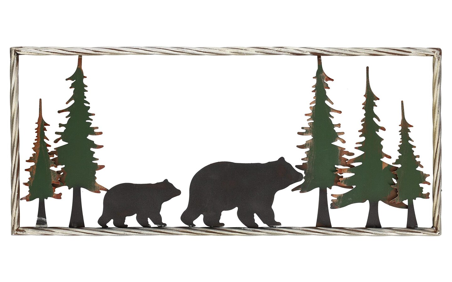 Sierra Pacific Wall Art Iron Two Bears In The Forest, Black, Silver, Brown &#x26; Green, painted and multi-layered metal wall art, 8 3/4&#x22; x 20&#x22;, perfect for home decor, gift giving or holiday decorating