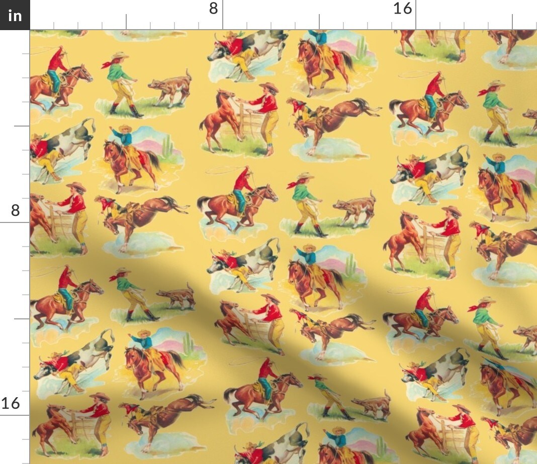 Vintage Inspired, Western, Cowboy, Cowgirl, Wild West, Rodeo, Rancher, Horse, Steer, Yellow, Gold, Farm Custom Printed Fabric by Spoonflower Various Fabrics by the Yard or Fat Quarter