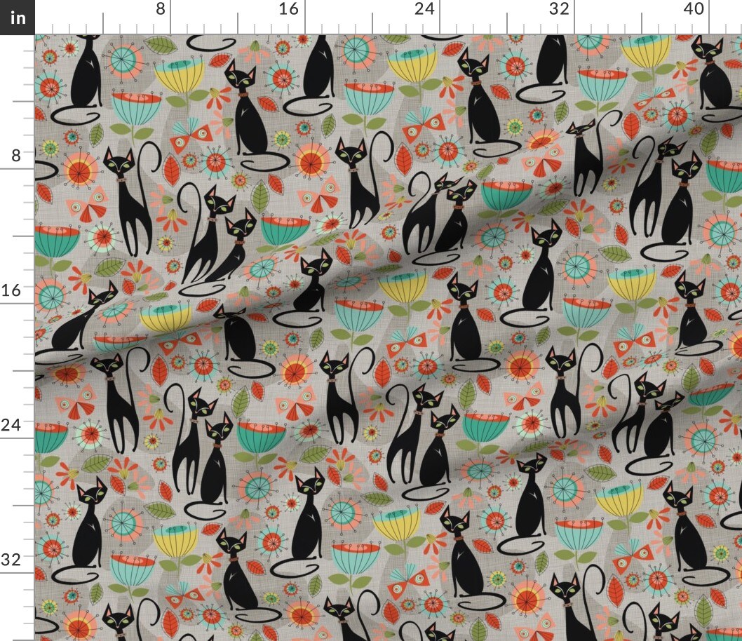 Various Fabrics by the Yard or Fat Quarter 50&#x27;S Retro Cats Grey Vintage Feline Kitsch Black Cat Custom Printed Fabric by Spoonflower