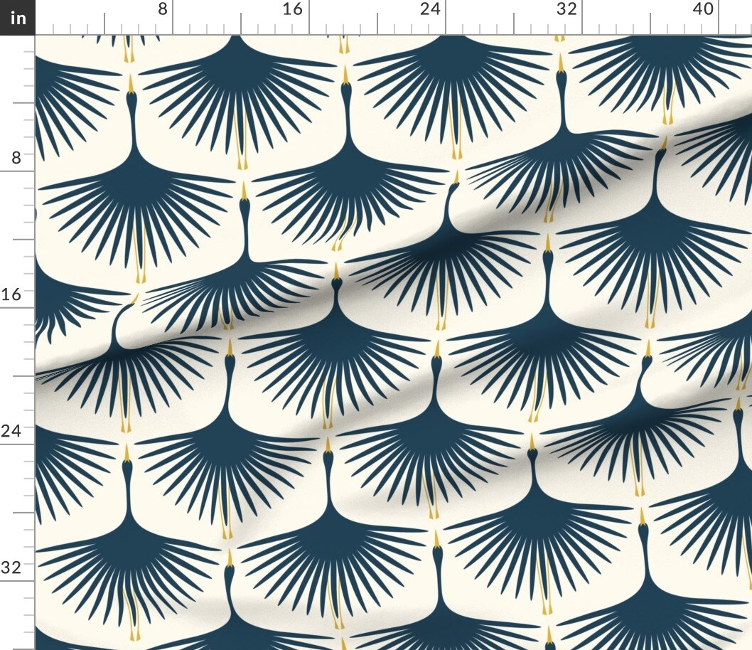 Dark Blue Swans And Cream Mid Century Modern Art Deco Inspired Flying Cranes Custom Printed Fabric by Spoonflower Various Fabrics by the Yard or Fat Quarter