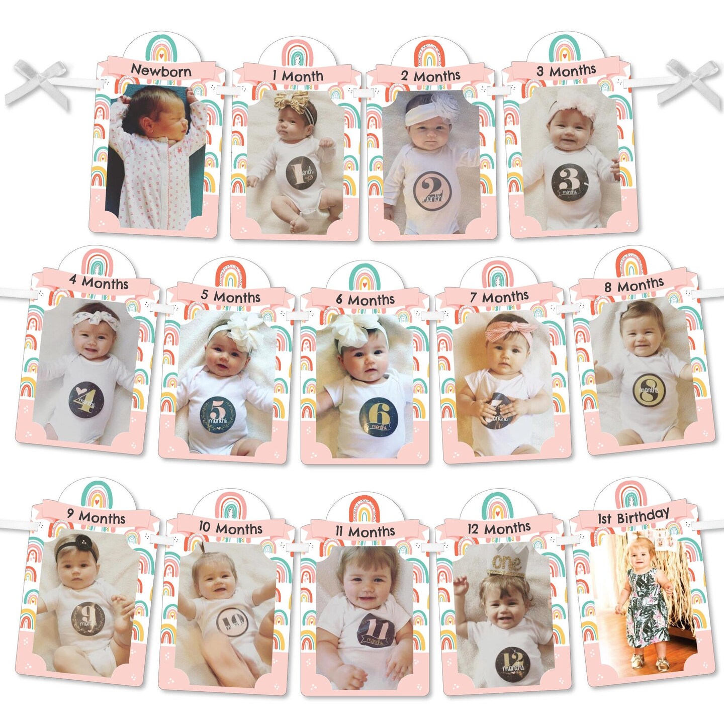 Big Dot of Happiness 1st Birthday Hello Rainbow - Boho First Birthday Party Decor - 1-12 Monthly Picture Display - Photo Banner