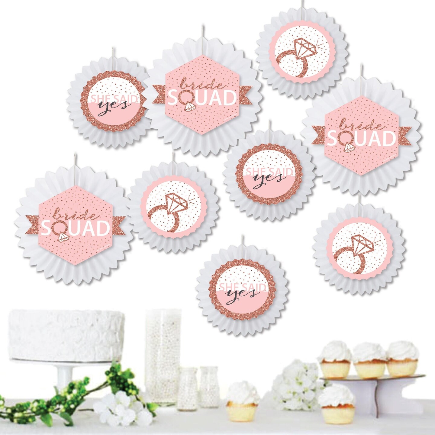Big Dot of Happiness Bride Squad - Hanging Rose Gold Bridal Shower or Bachelorette Party Tissue Decoration Kit - Paper Fans - Set of 9