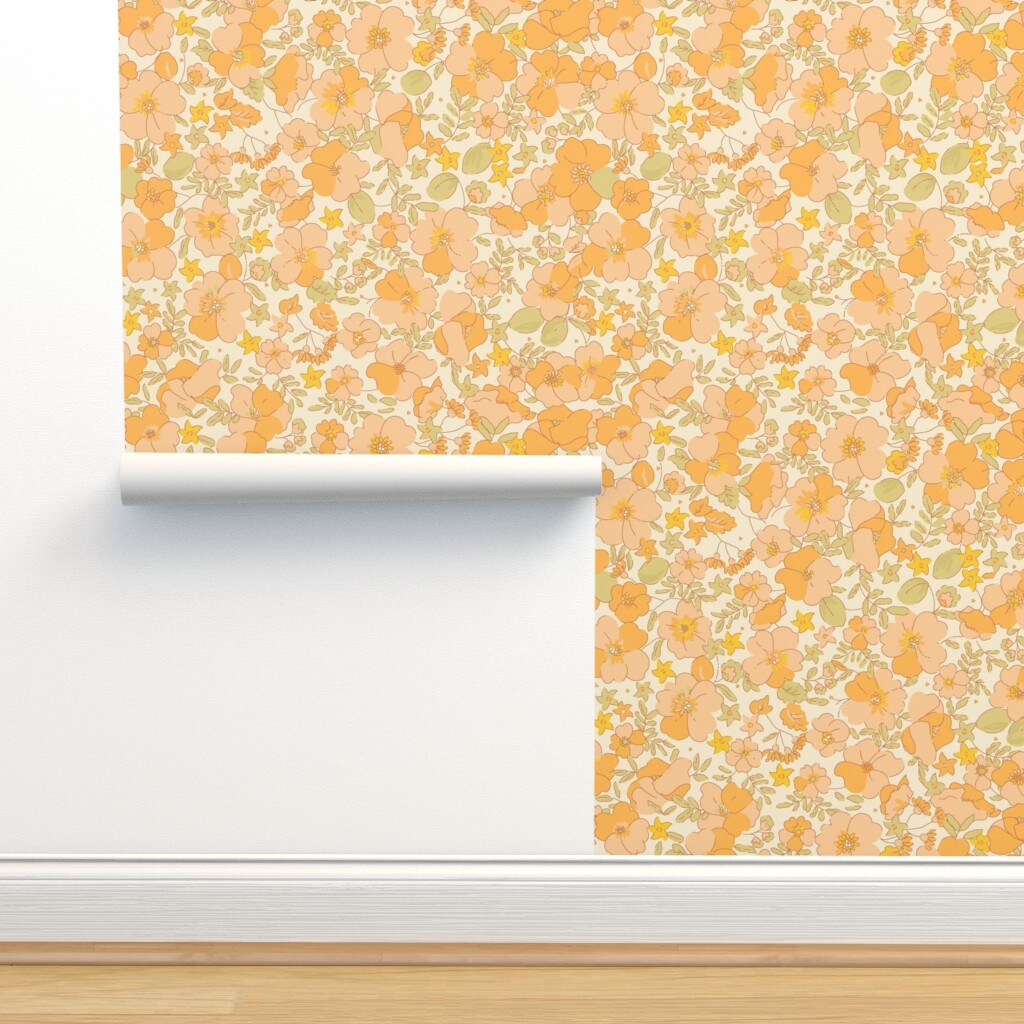 1970S Floral Yellow Flowers Peach 70S Nursery Sunny Blooming Bohemian Pattern Illustrated Flower Power Custom Pre-pasted Wallpaper by Spoonflower Pre-Pasted Wallpaper 2FT Wide