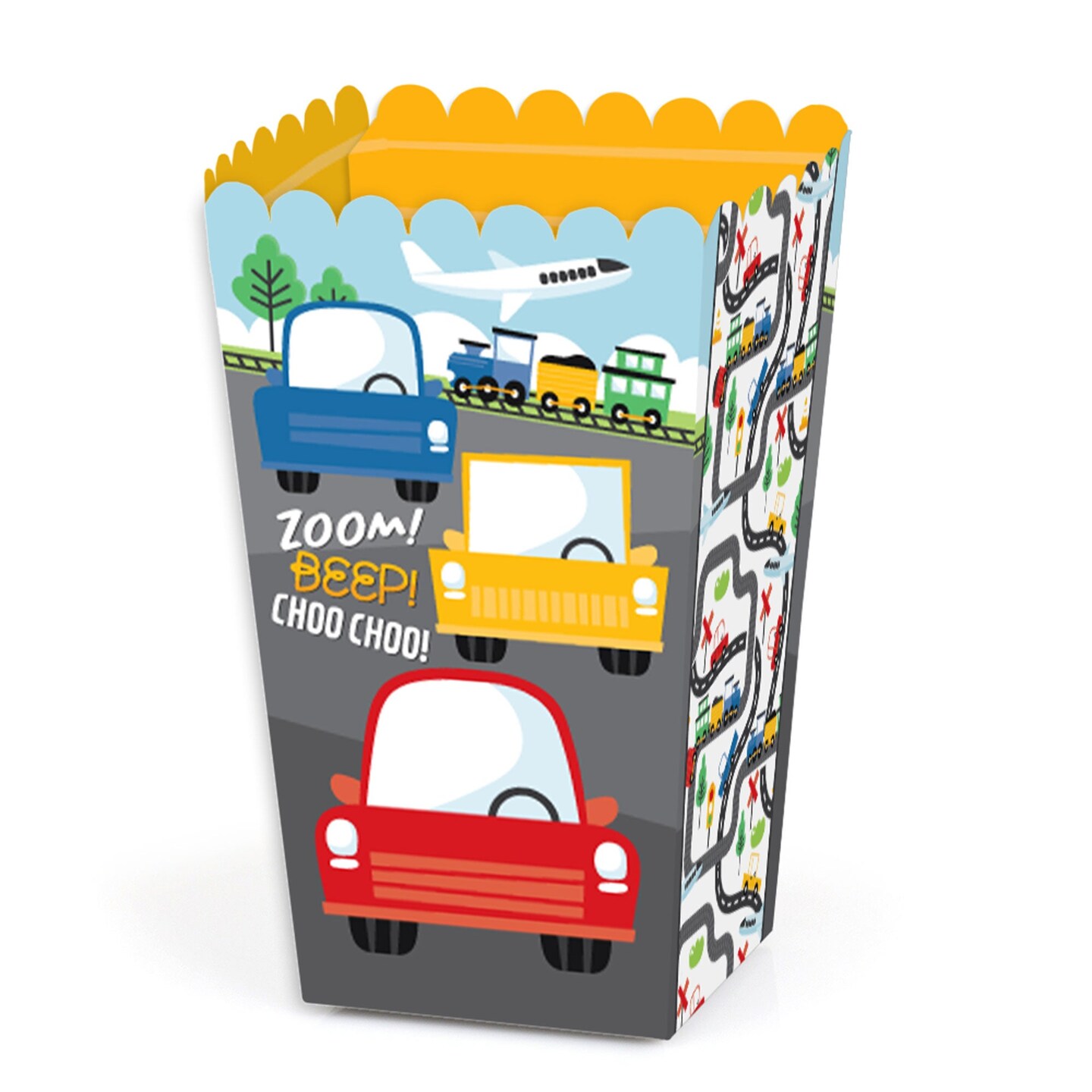 Big Dot of Happiness Cars, Trains, and Airplanes - Transportation Birthday Party Favor Popcorn Treat Boxes - Set of 12