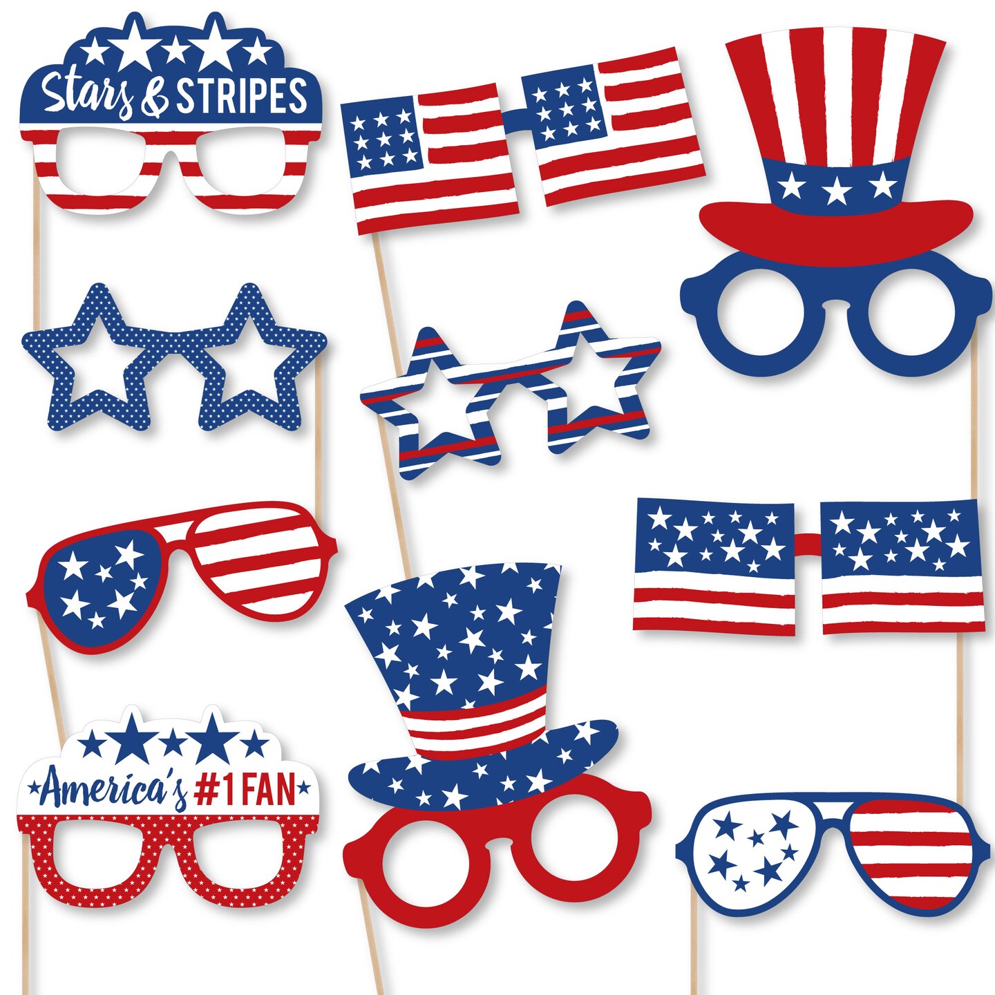 Big Dot of Happiness Stars &#x26; Stripes Glasses - Paper Card Stock Patriotic Party Photo Booth Props Kit - 10 Count