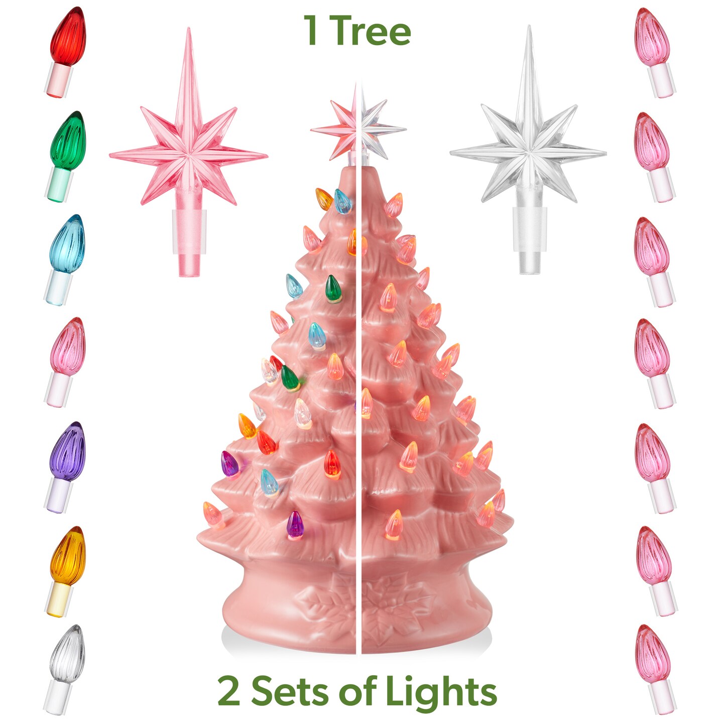 Casafield Hand Painted Ceramic Christmas Tree, Pink 15-Inch Pre-Lit Tree with 128 Multi Color Lights and 2 Star Toppers