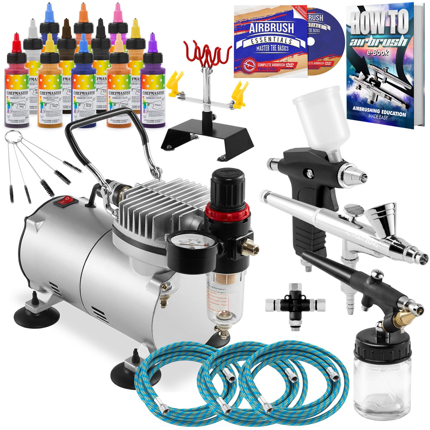 PointZero Airbrush Cake Decorating Kit 3 Airbrushes, Stand, Compressor Bundle with 12