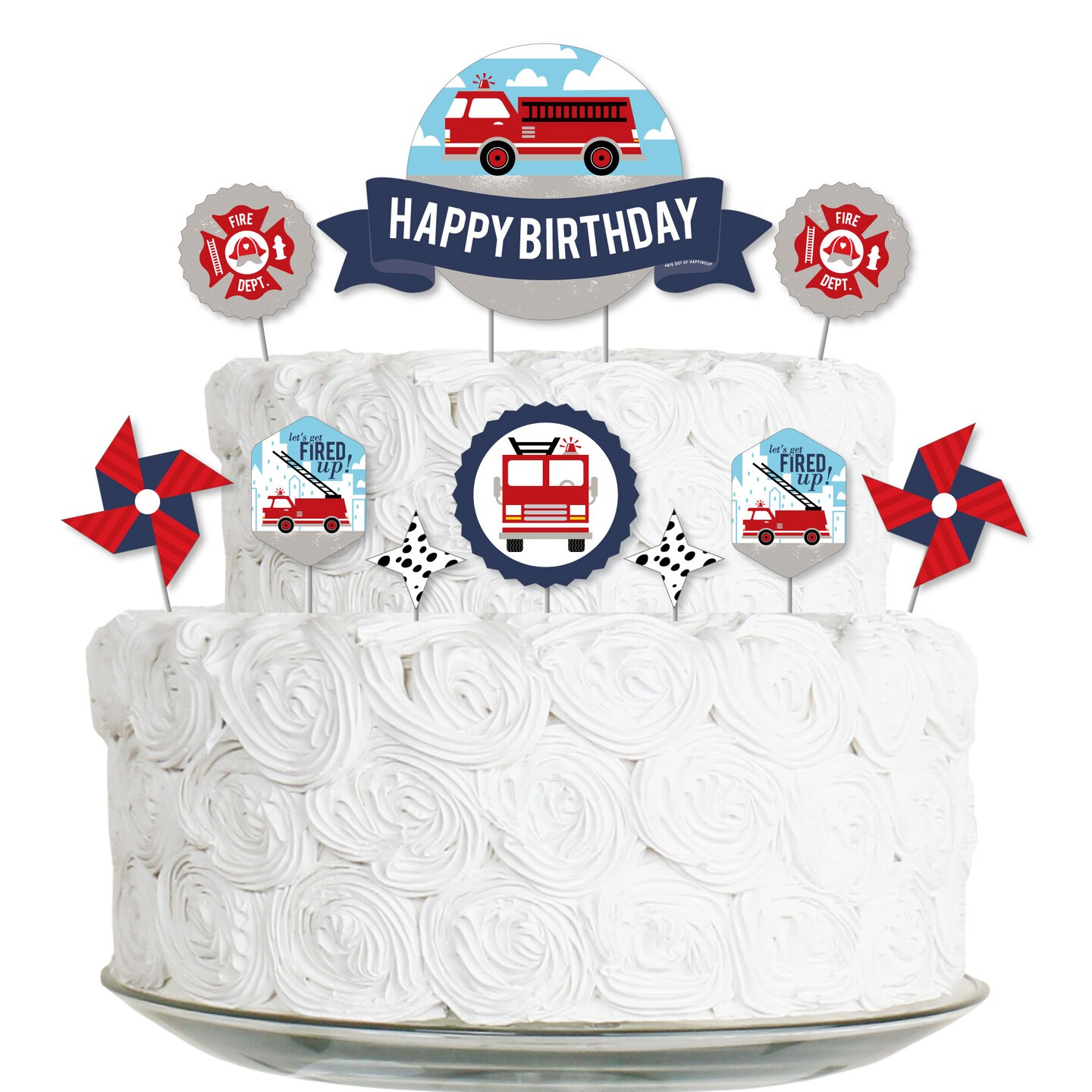 Big Dot of Happiness Fired Up Fire Truck - Firefighter Firetruck Birthday Party Cake Decorating Kit - Happy Birthday Cake Topper Set - 11 Pieces