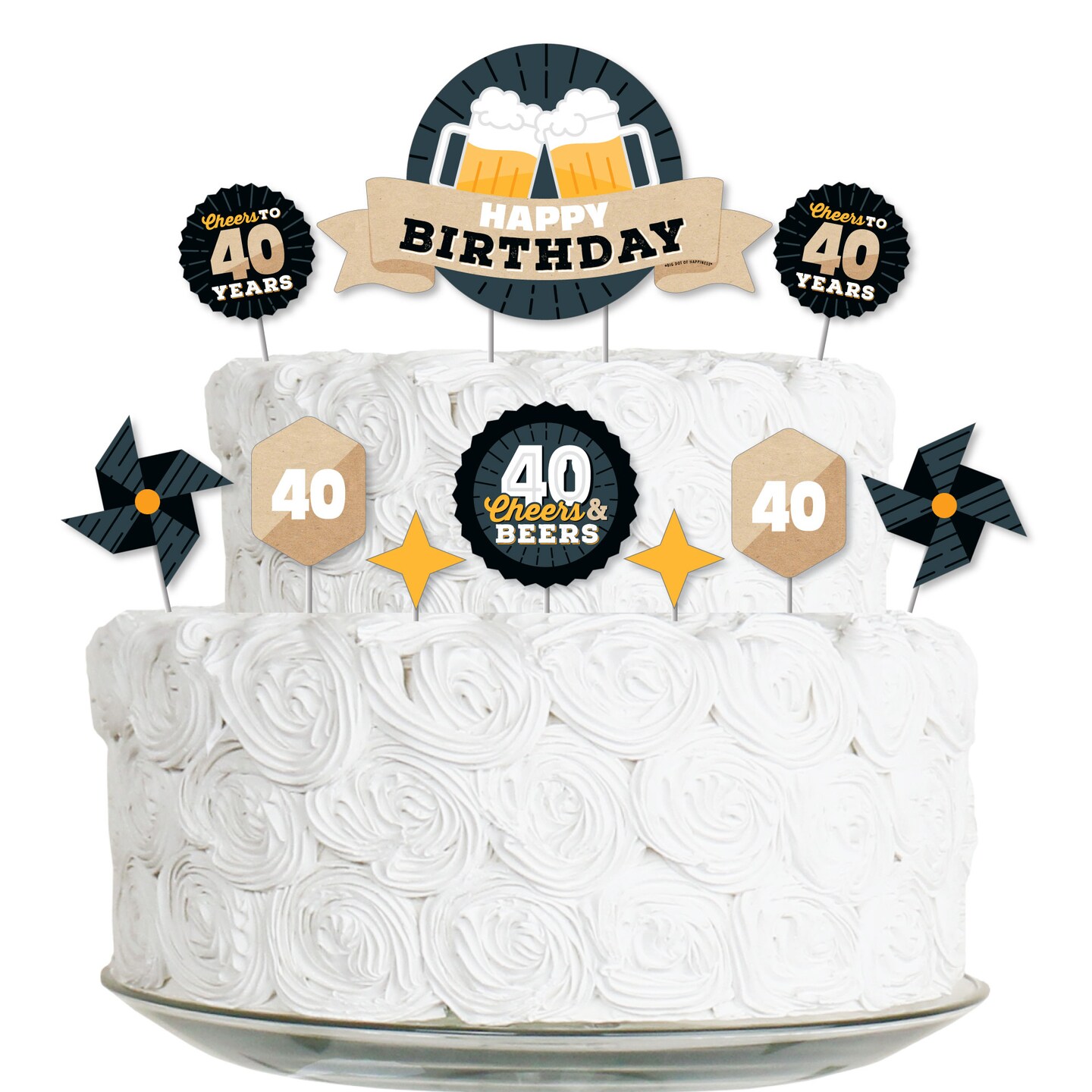 Big Dot of Happiness Cheers and Beers to 40 Years - Birthday Party Cake Decorating Kit - Happy Birthday Cake Topper Set - 11 Pieces
