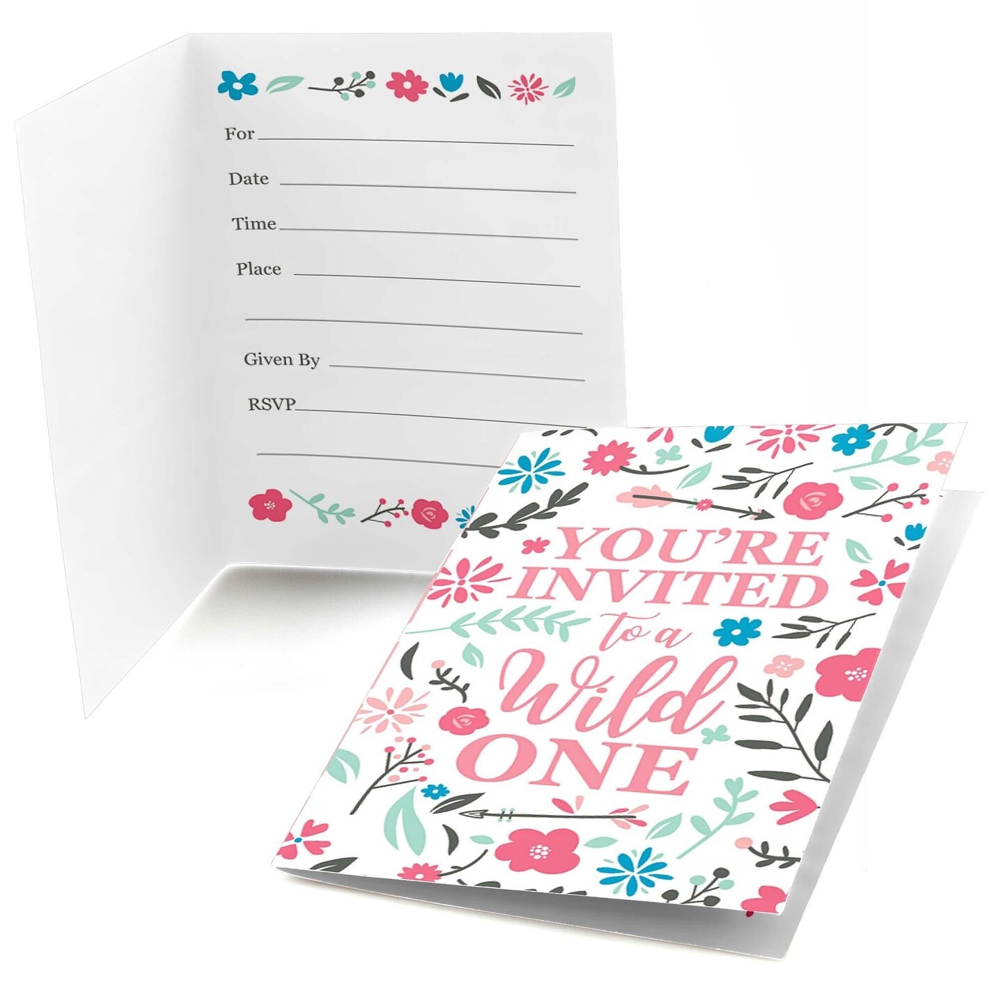 Big Dot of Happiness She&#x27;s a Wild One - Fill In Boho Floral 1st Birthday Party Invitations (8 count)
