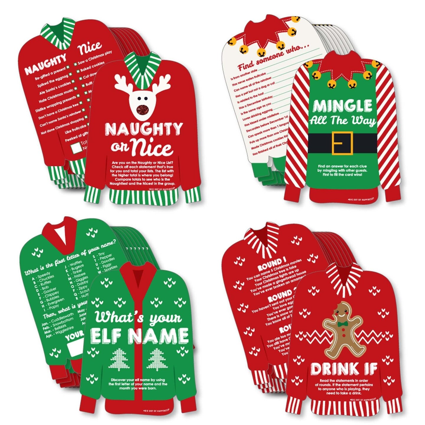 Big Dot of Happiness Ugly Sweater - 4 Holiday and Christmas Party Games - 10 Cards Each - Gamerific Bundle