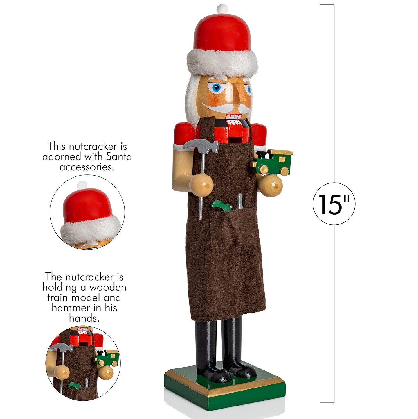 Ornativity Christmas Toy Maker Nutcracker &#x2013; Red and Green Wooden Nutcracker Man with Brown Workers Apron and Toy Car and Toy Hammer in Hand Xmas Themed Holiday Nut Cracker Doll Figure Decorations