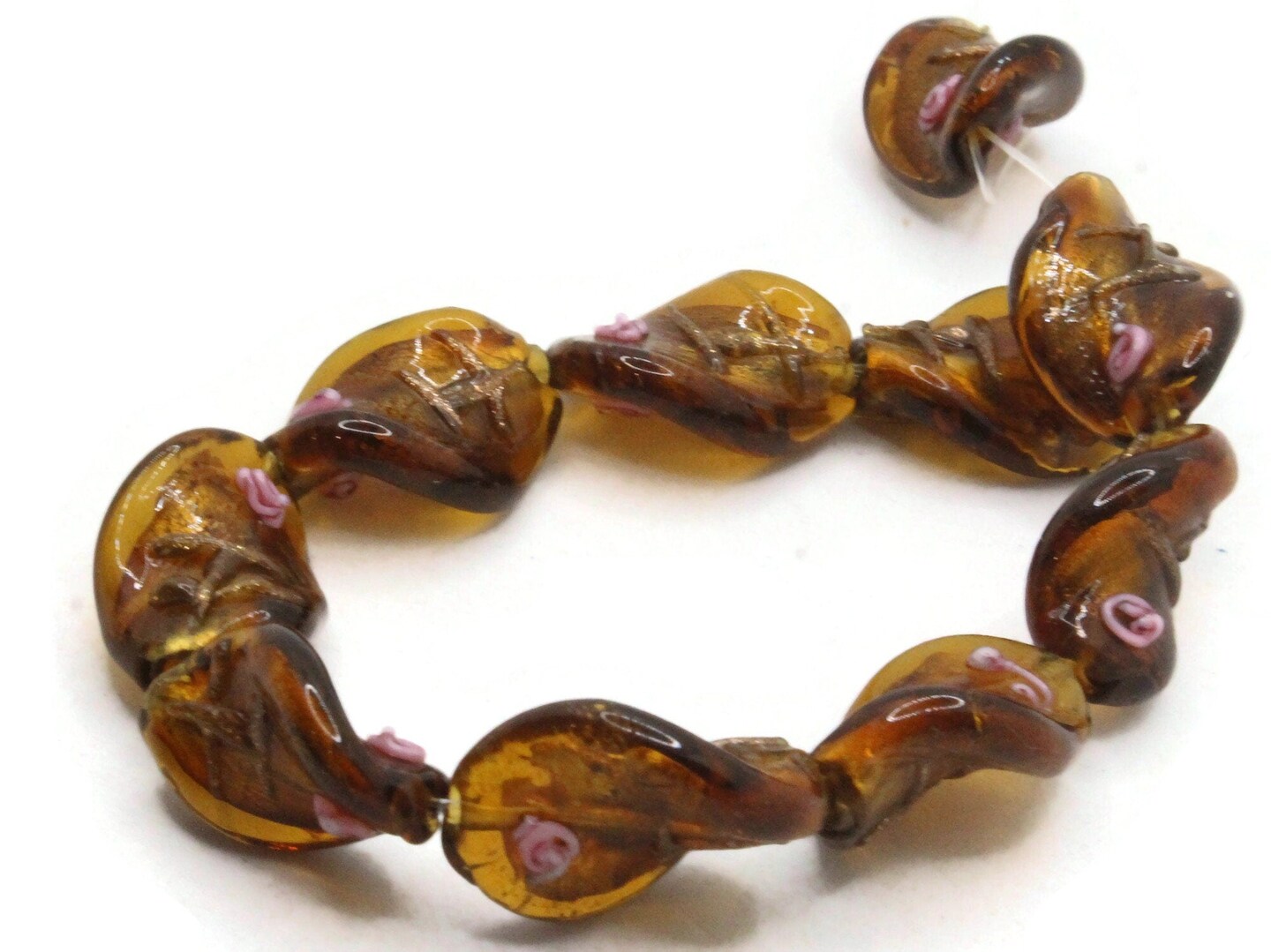 10 20mm Brown with Pink and Green Flower Lampwork Glass Flat Oval Twist Beads