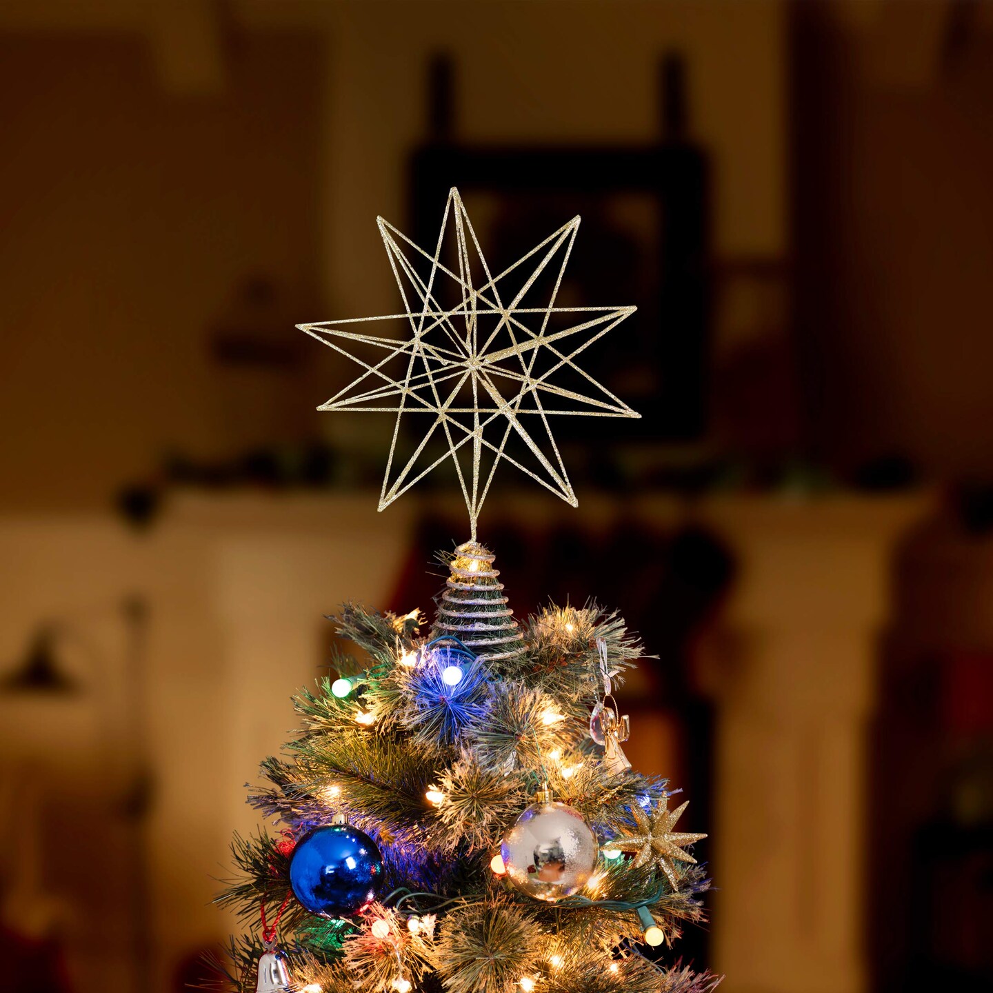 Ornativity Glitter Star Tree Topper - Christmas Sparkly Metal Wire Star Tree Top Ornament
