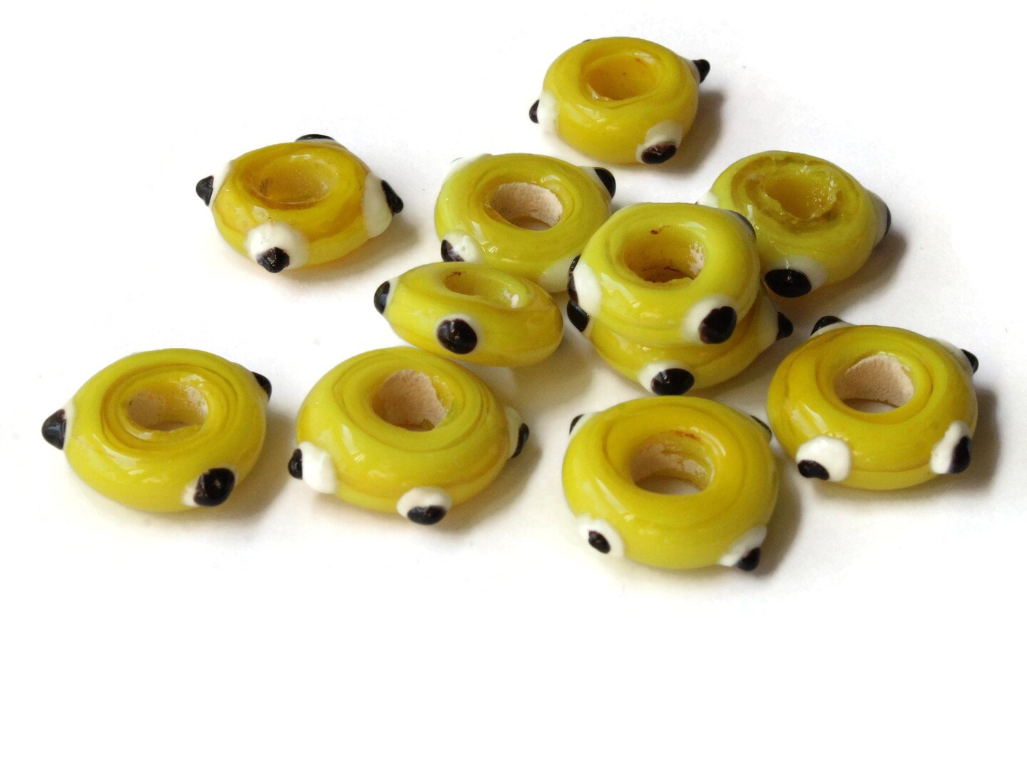 10 Yellow Evil Eye Lampwork Glass Beads Large Hole Donut Beads European  Saucer Beads