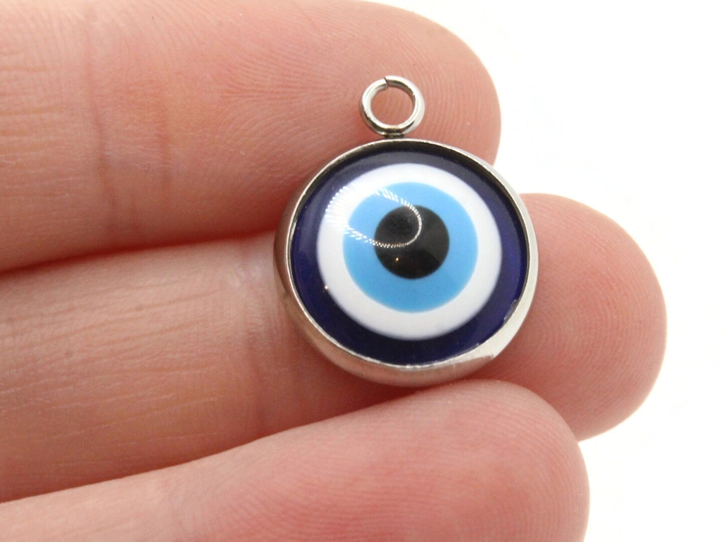 2 19.5mm Blue Evil Eye Pendants Resin and Silver 304 Stainless Steel Charms
