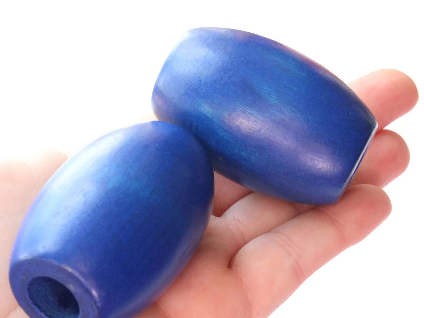 2 53mm Ridiculously Huge Blue Wood Barrel Beads Vintage Macrame Beads