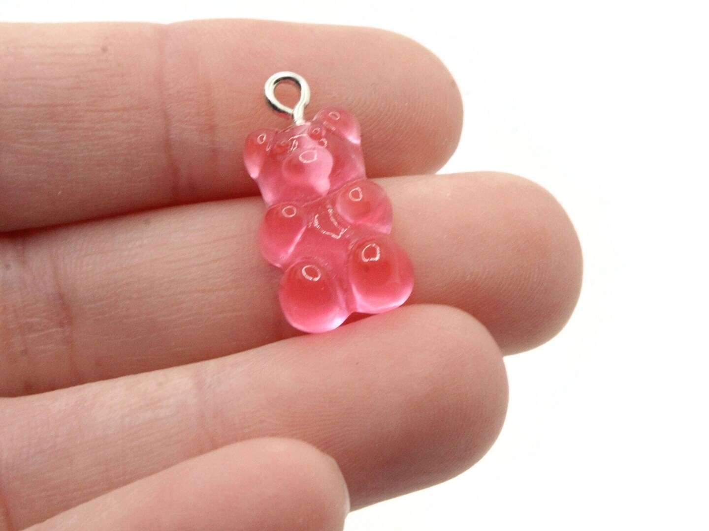 5 20mm Strawberry Pink Gummy Bear Charms - Resin Pendants with Platinum Colored Loops