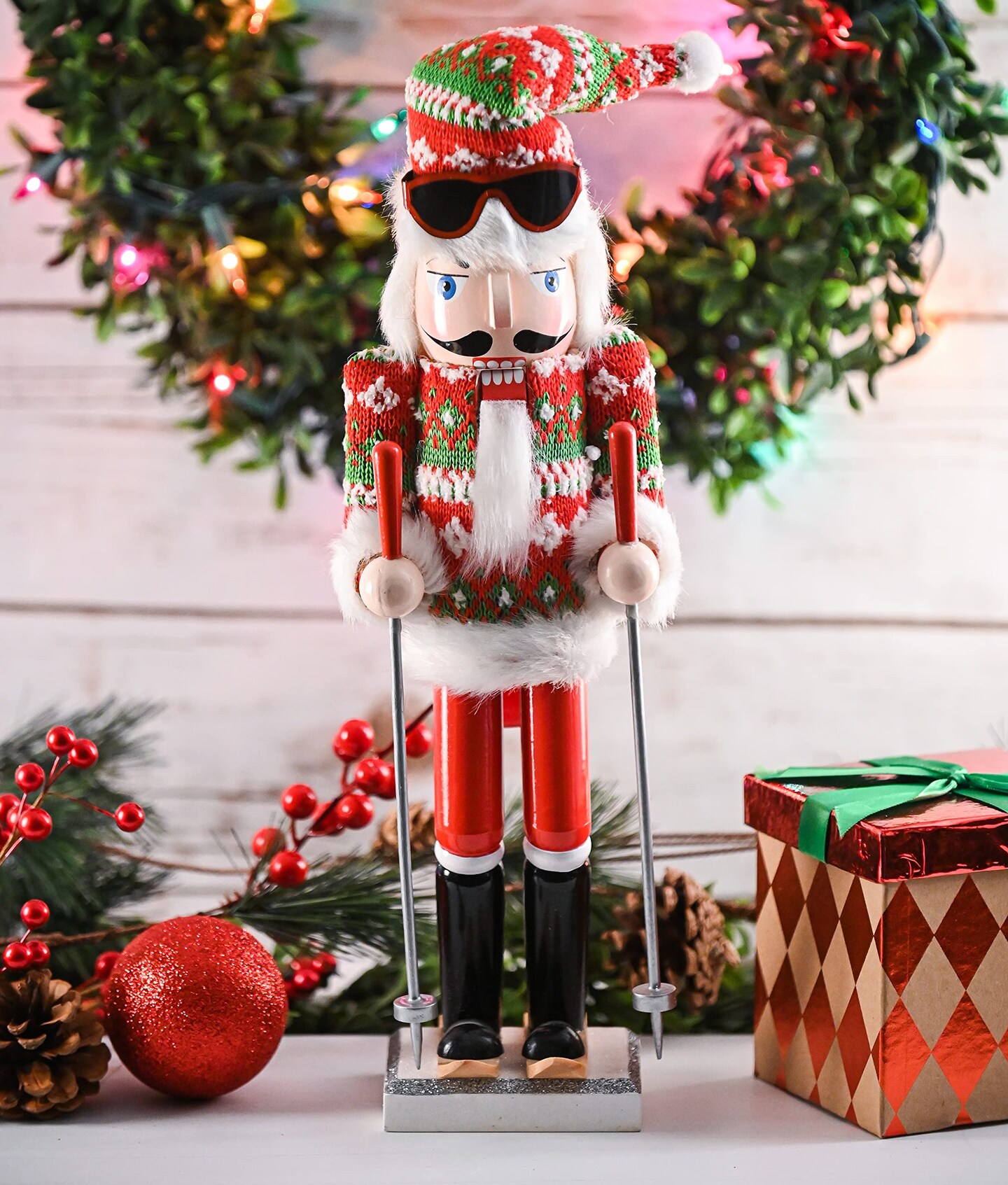 Ornativity Christmas Skier Man Nutcracker &#x2013; Red and Green Wooden Nutcracker Guy with Ugly Sweater and Ski Sticks in Skiing Pose Xmas Themed Holiday Nut Cracker Doll Figure Decorations