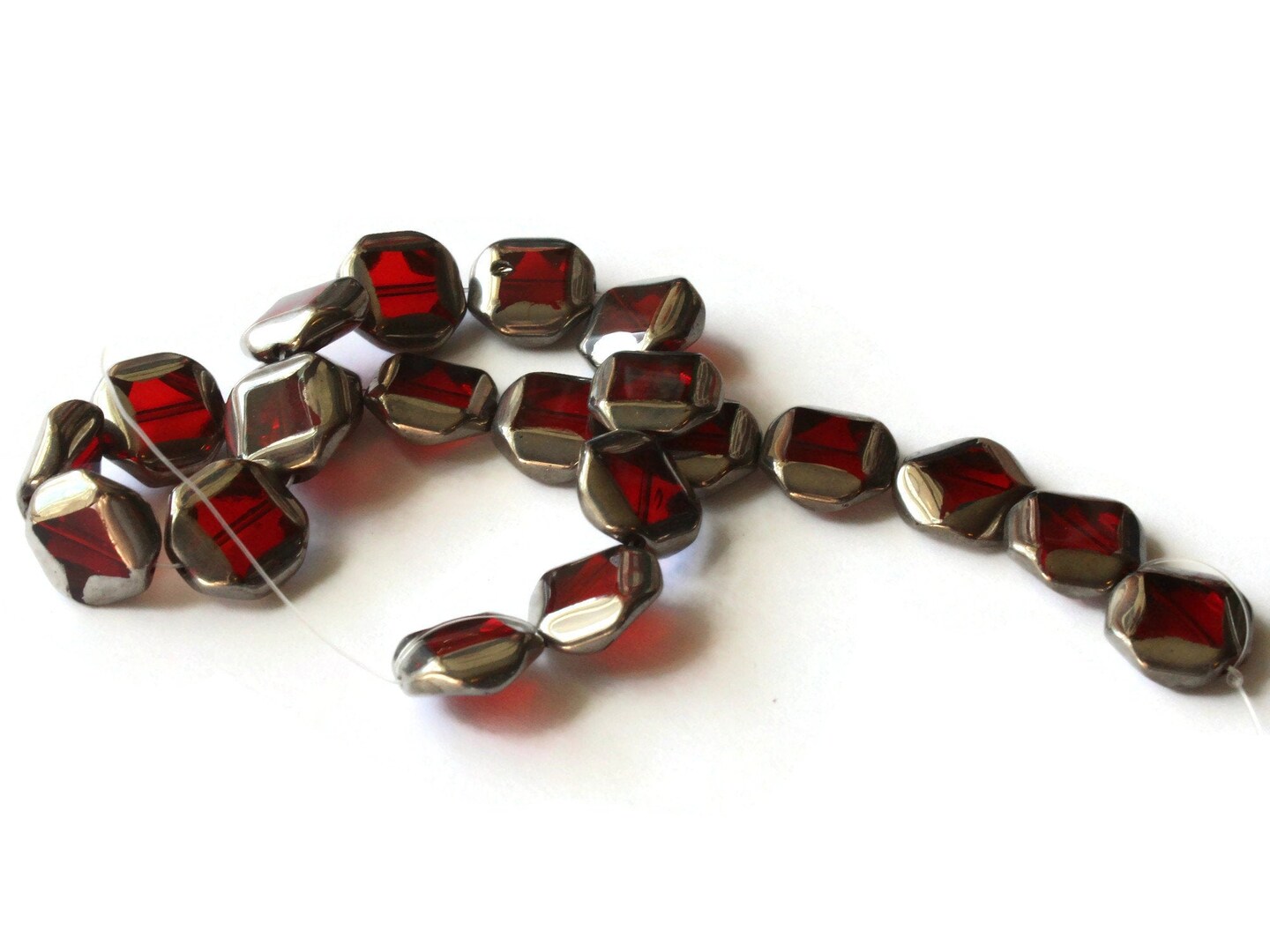 22 14mm Silver Rimmed Glass Red Octagon Window Beads