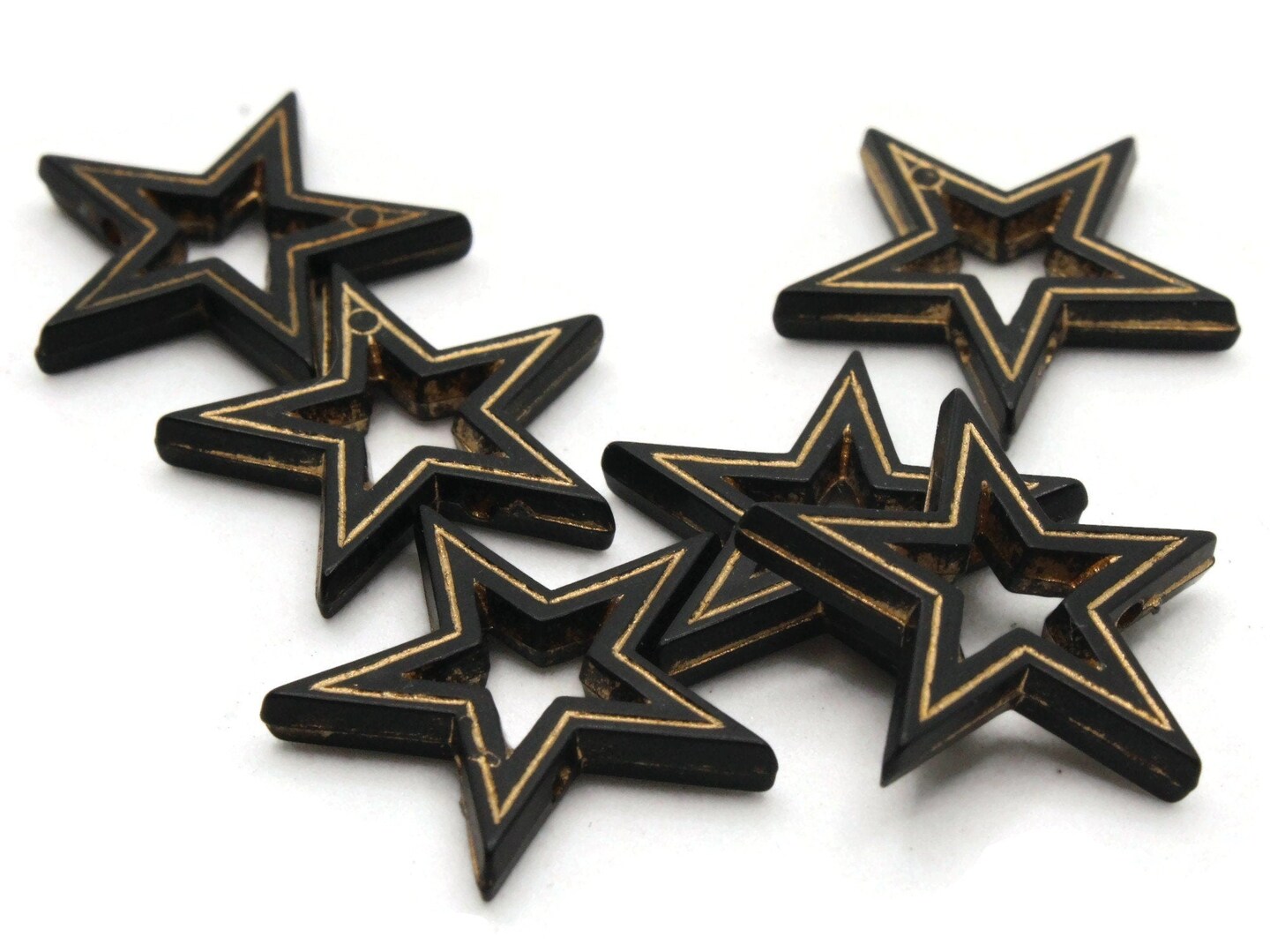 6 19mm Black Star Beads with Gold Details- Vintage Plastic Bead Frames
