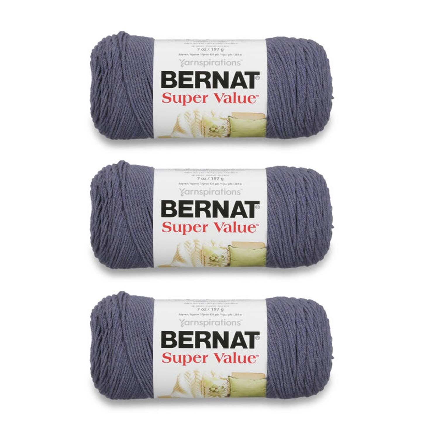 Bernat Super Value Steel Blue Heather Yarn - 3 Pack of 198g/7oz - Acrylic - 4 Medium (Worsted) - 426 Yards - Knitting/Crochet