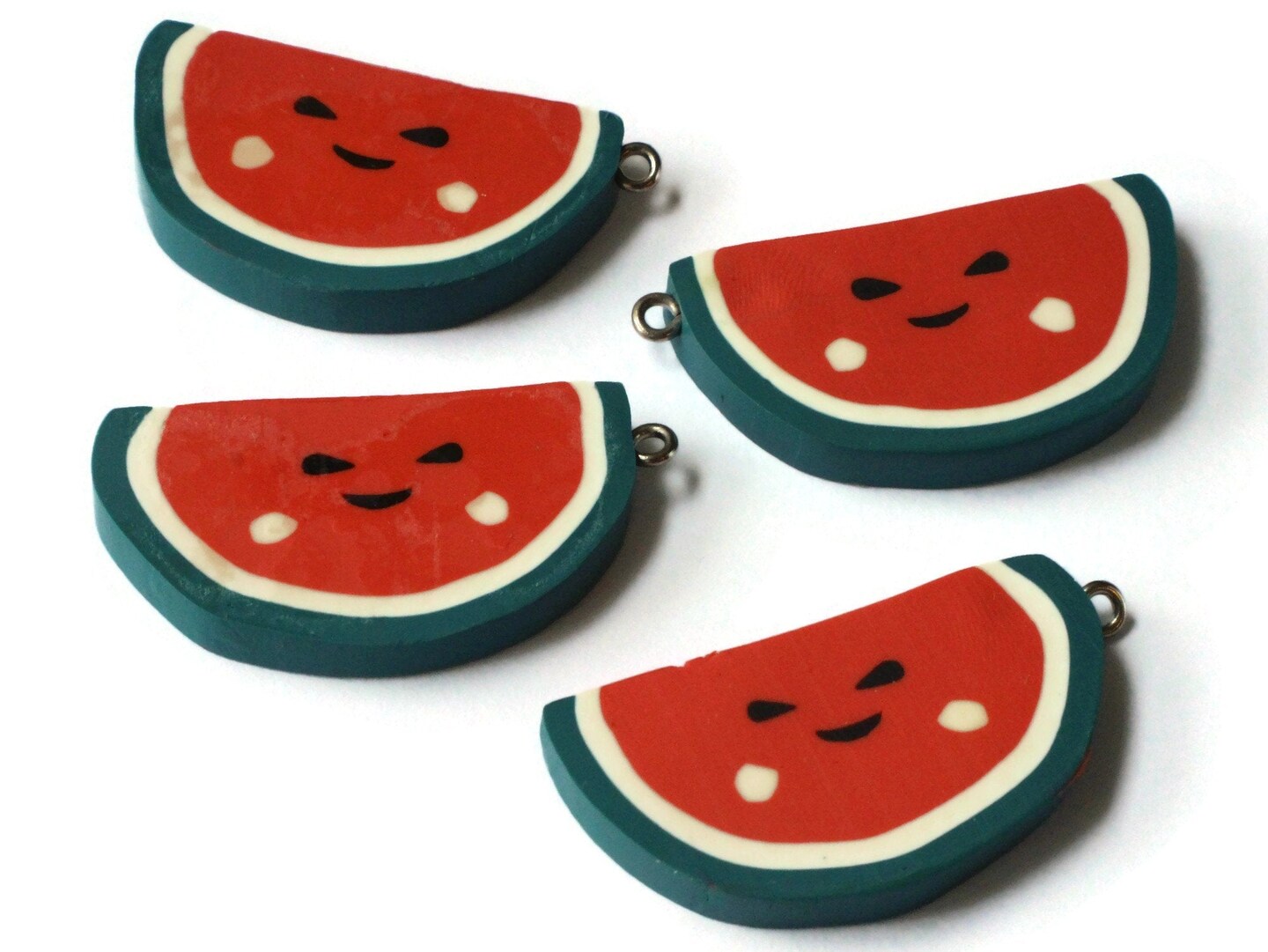 4 40mm Happy Watermelon Beads Sliced Clay Red and Green Fruit Beads