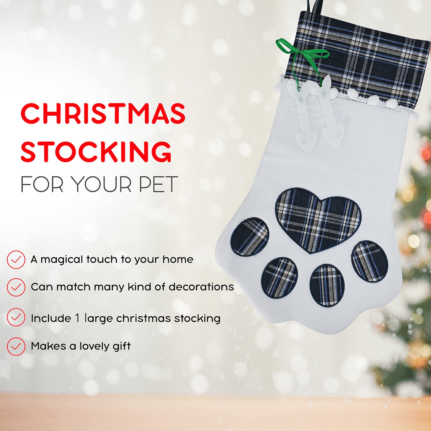 Ornativity Christmas Pet Paw Stocking - Cute Pet Hanging Stockings for Xmas Holiday Decorations with Large Plaid Paw - Pack of 1