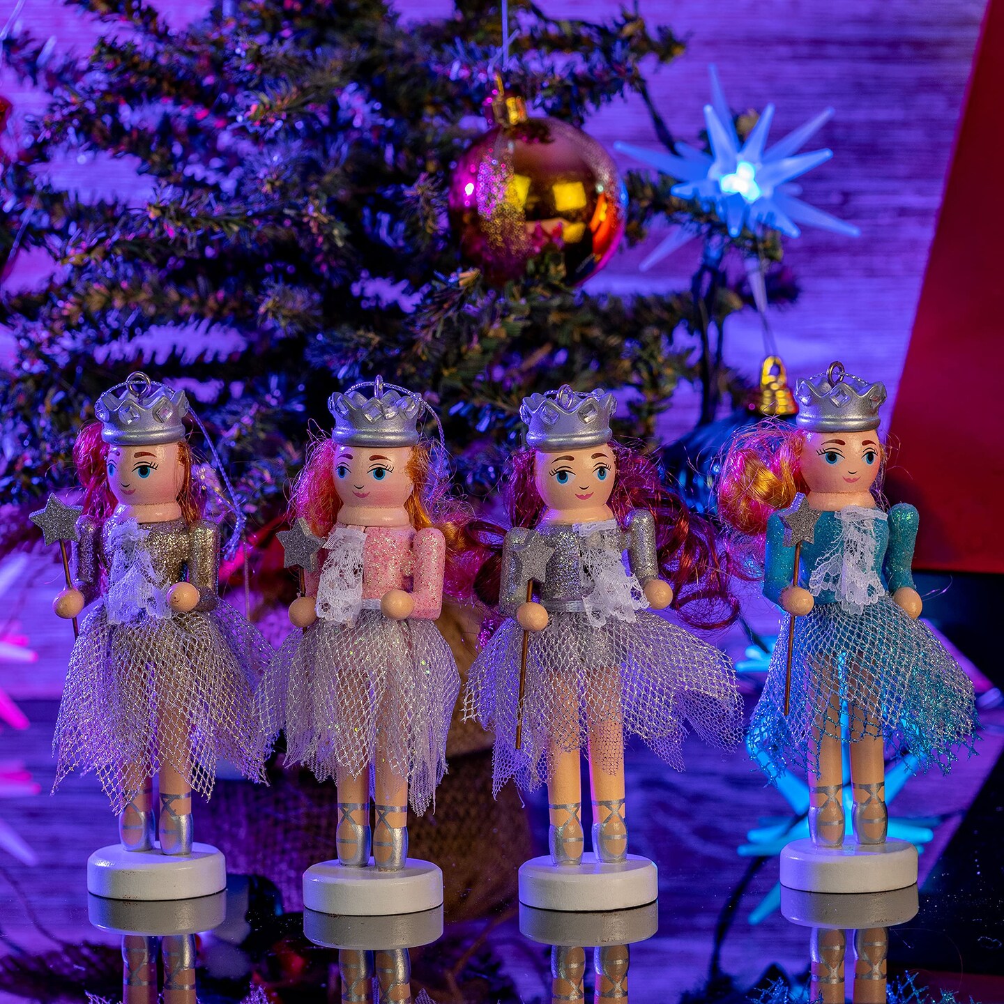 Ornativity Nutcracker Hanging Ornament Figures – Fairy Ballet Dancers Glittered Christmas Mini Wooden Nutcrackers Xmas Tree Ornament Set – 4 Pieces